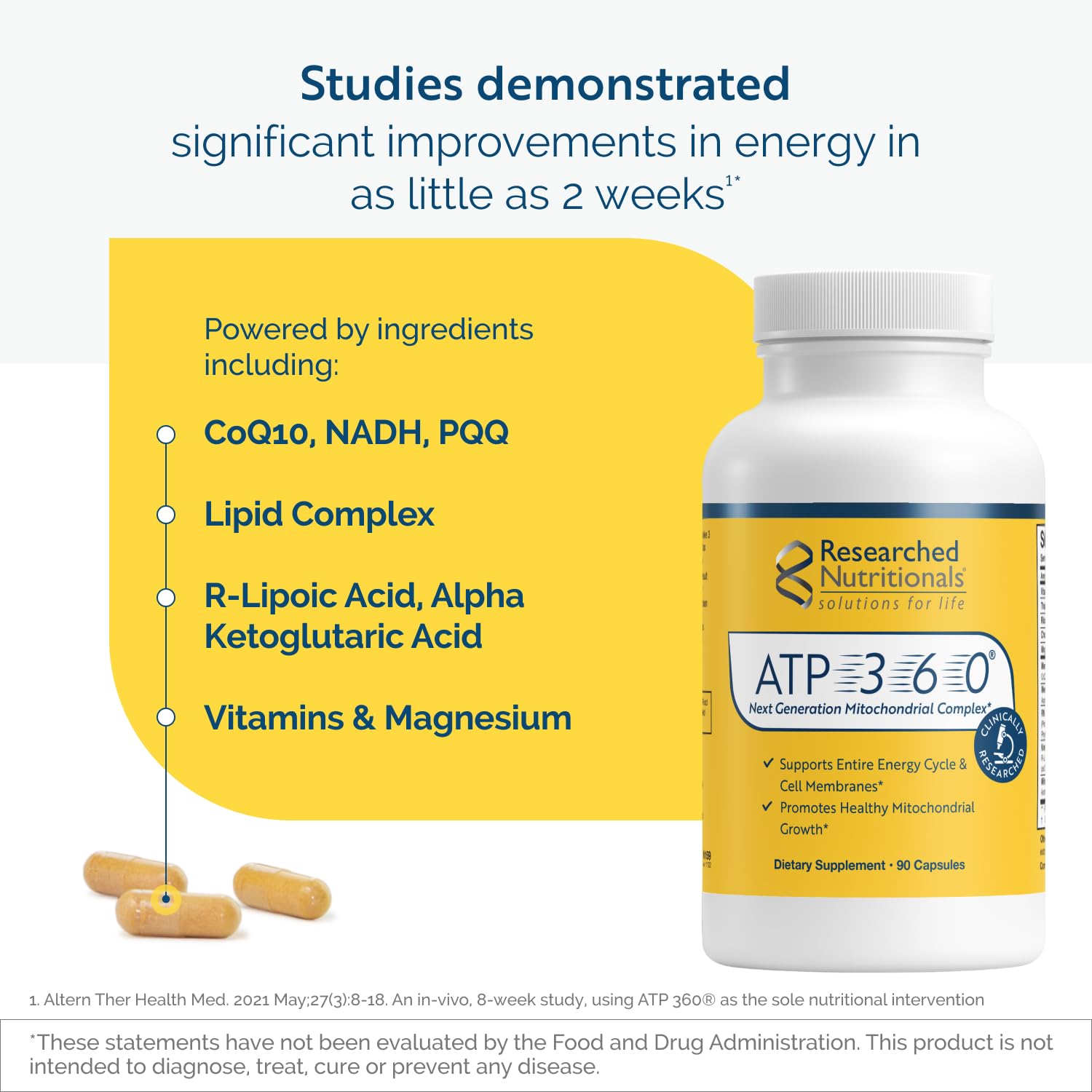 Researched Nutritionals ATP 360 - Mitochondrial Supplements to Support Entire Energy Cycle & Cell Membranes - Clinically Researched ATP Supplements, High Dose CoQ10, R-Lipoic Acid & PQQ, 90 Capsules Researched Nutritionals Au supplements
