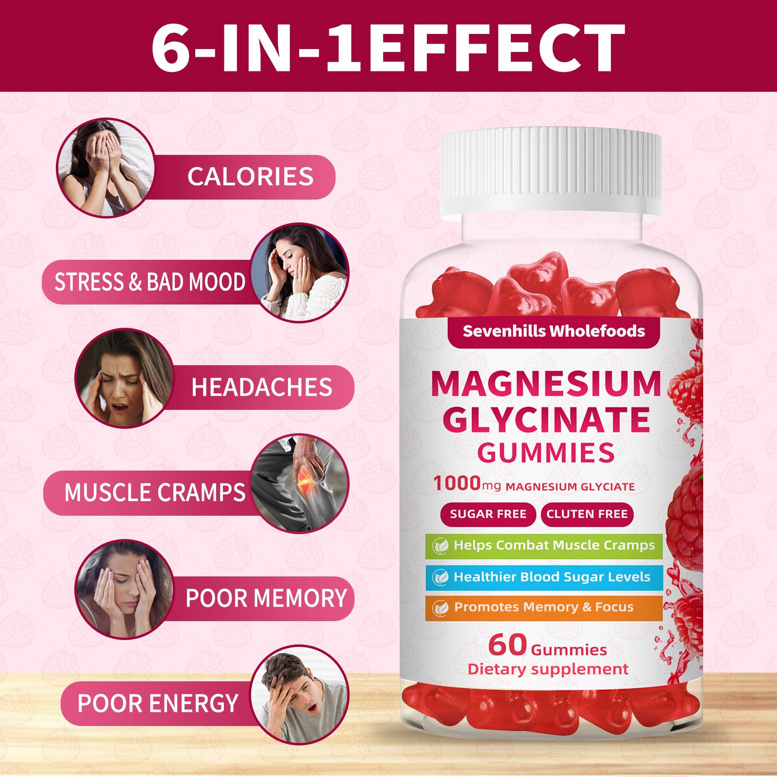 Magnesium Glycinate Gummies 1000mg - Sugar Free Magnesium Potassium Supplement for Relaxation, Calm, Stress Relief, and Sleep Support for Adults & Kids - 60 Raspberry Gummies Sevenhills Wholefoods Au supplements
