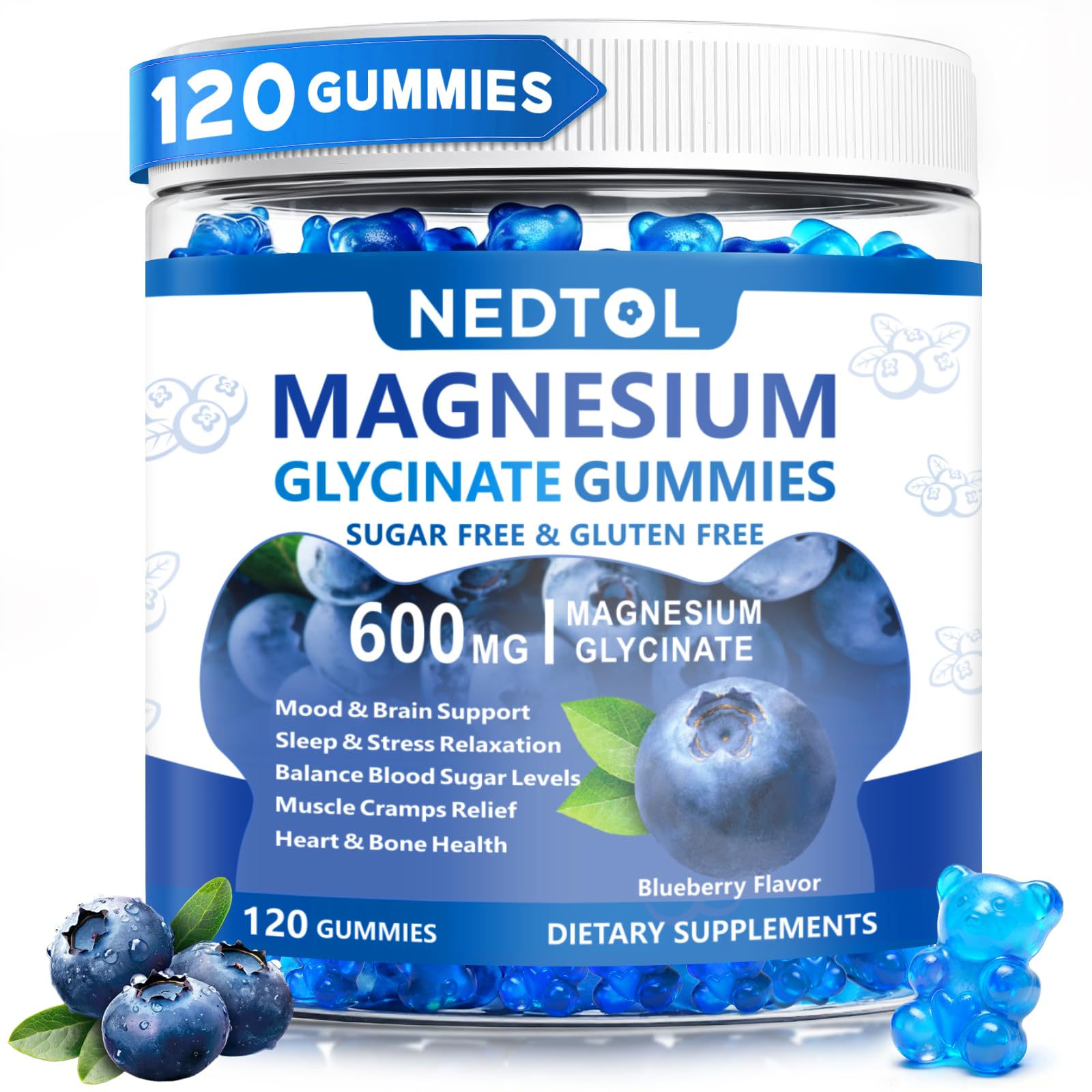 Nedtol Magnesium Glycinate Gummies 600mg, Sugar Free Magnesium Potassium Supplement for Adults with Magnesium L-Threonate, Vitamin D, B6,and CoQ10 for Sleep, Body Support and Relaxation,120 Count Nedtol Au supplements