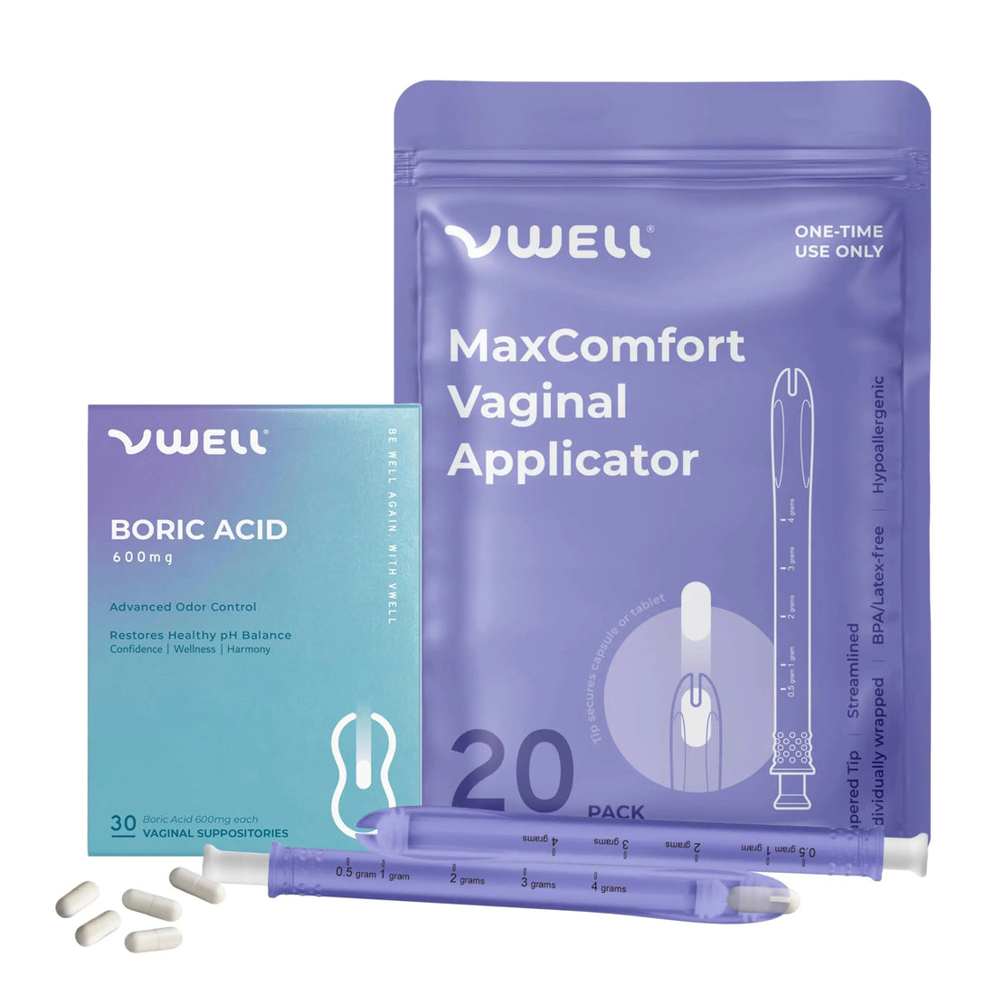 VWELL Boric Acid Vaginal Suppositories 600mg w/MaxComfort Applicator Bundle - Feminine Care - Odor Itch Burning Irritation - Doctors Recommended for Women (One Size, 20, Count) VWELL Au supplements