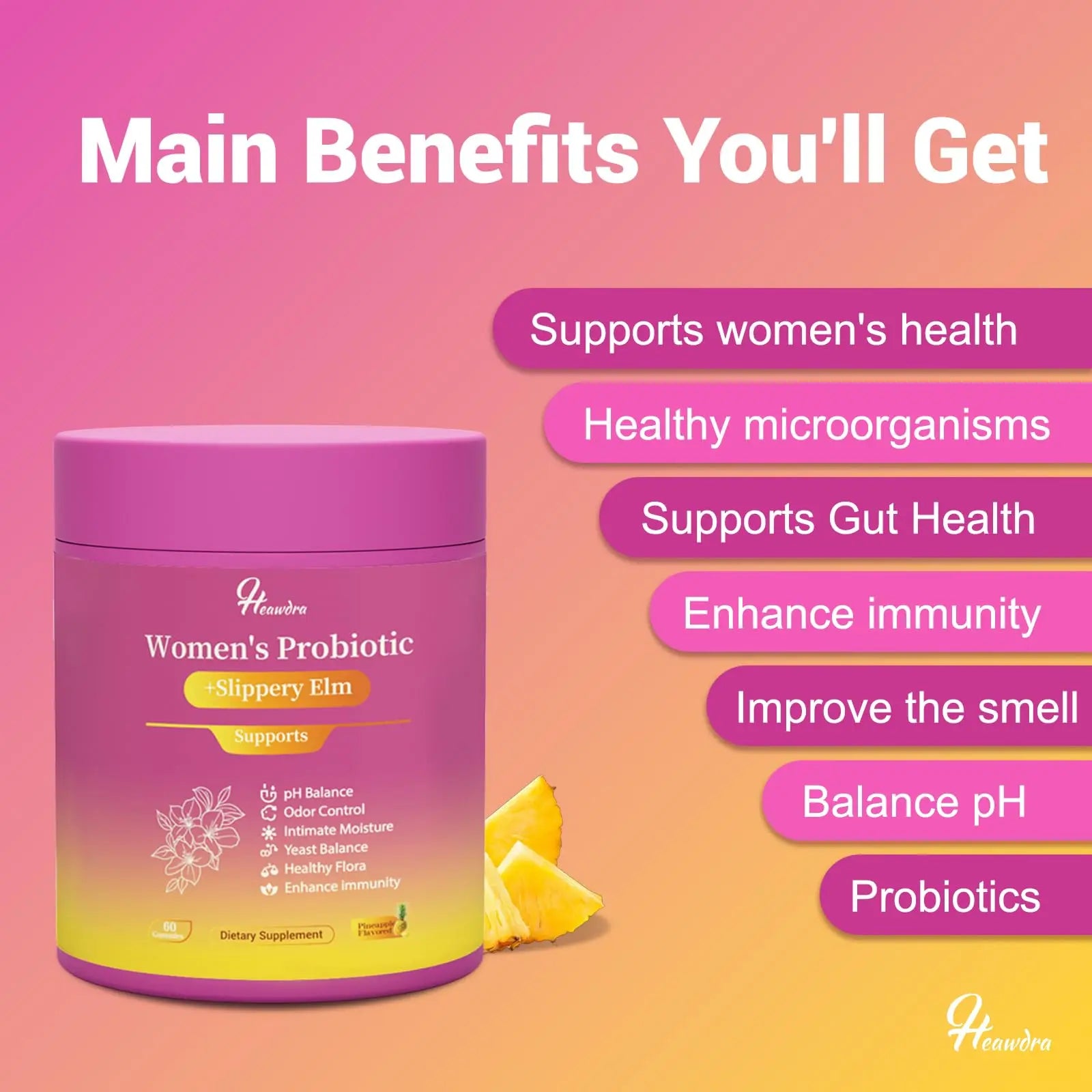 Her Juicy Women's Probiotic Gummies: Supports Women’s Wellness & pH Balance, Clean Vegan, Pineapple Flavor, Prebiotics & Lactobacillus Blend, with Slippery Elm, Gut Health & Immune Defense, 60 Gummies Heawdra Au supplements