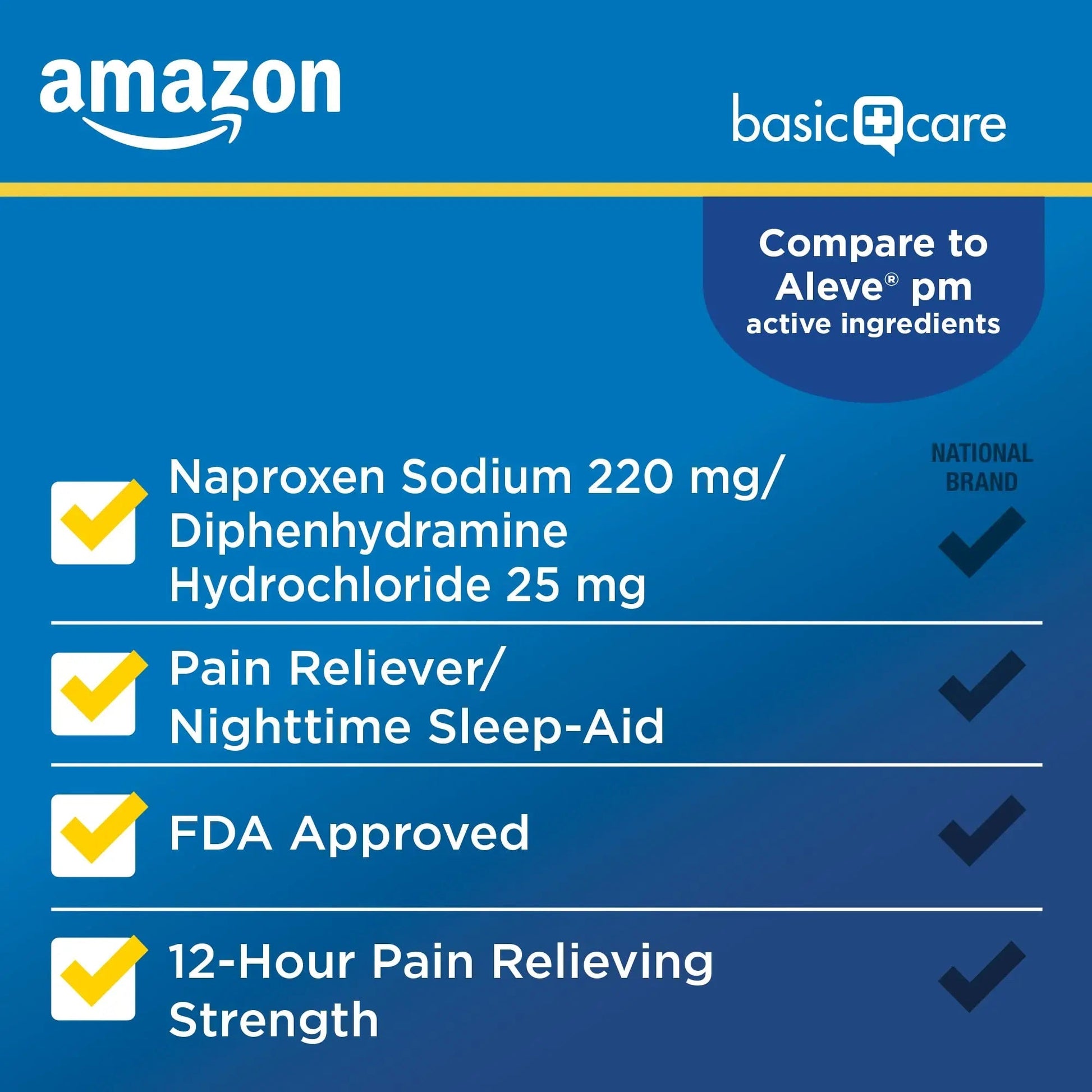 Amazon Basic Care All Night Pain Relief PM, Naproxen Sodium 220 mg/Diphenhydramine Hydrochloride 25 mg Tablets, Pain Reliever/Nighttime Sleep-Aid, 160 Count Amazon Basic Care Au supplements