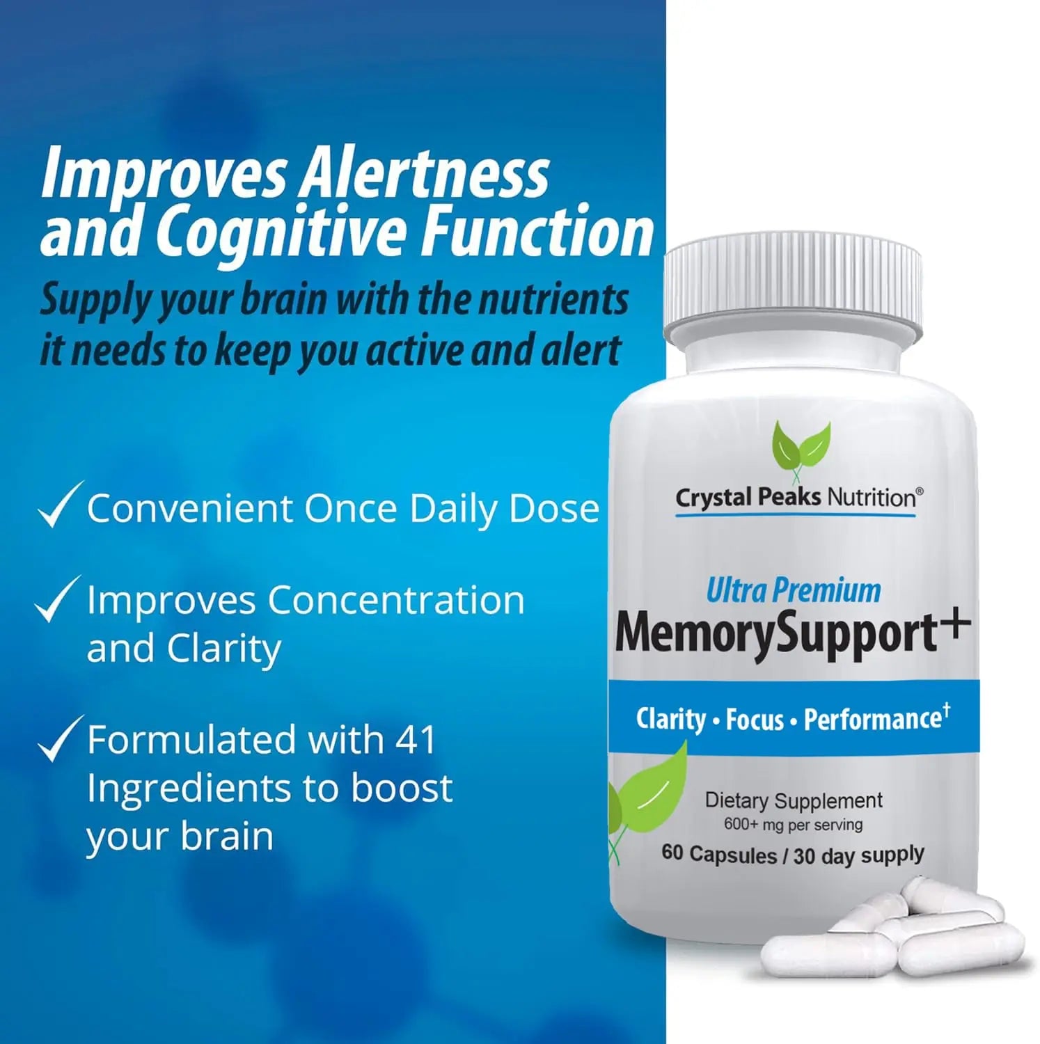 Memory Boost + Brain Support Supplement – Nootropic for Focus, Concentration, Memory. Enhanced Energy, Recall and Alertness - 60 Capsules/30-day Supply. CRYSTAL PEAKS NUTRITION Au supplements
