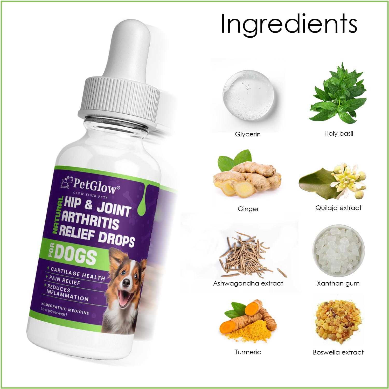 Petglow® Natural Hip & Joint Arthritis Relief Drops with Curcumin & Boswellia, Homeopathic Anti-Inflammatory Formula for Dogs, Cats & Horses, Supports Flexibility, Comfort & Mobility Naturally Petglow Au supplements