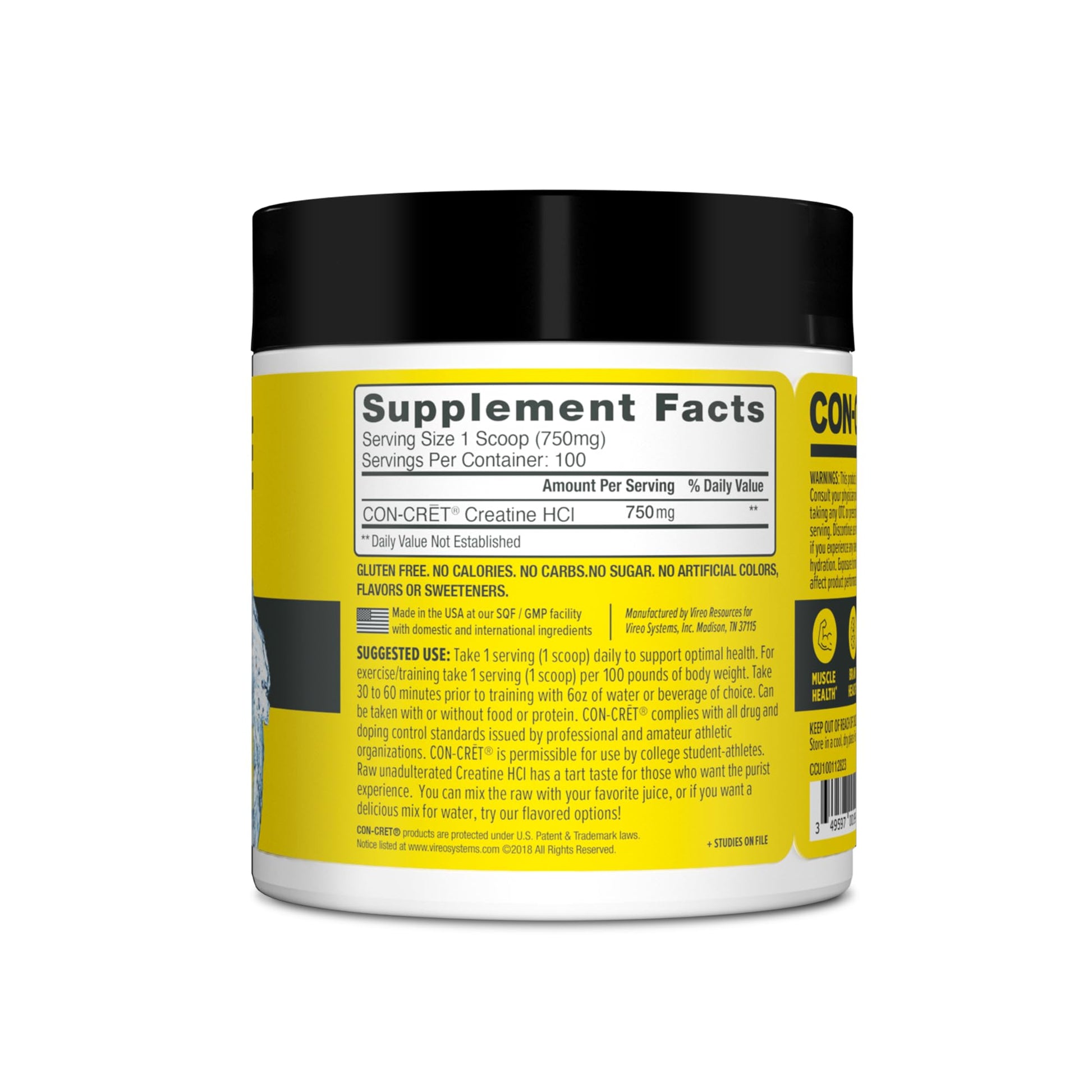 CON-CRET Creatine HCl Powder | Muscle, Cognitive, Cellular Energy Support | No Bloating or Cramps | USA Made & NSF Certified | Unflavored (100 Serving) CON-CRET Au supplements