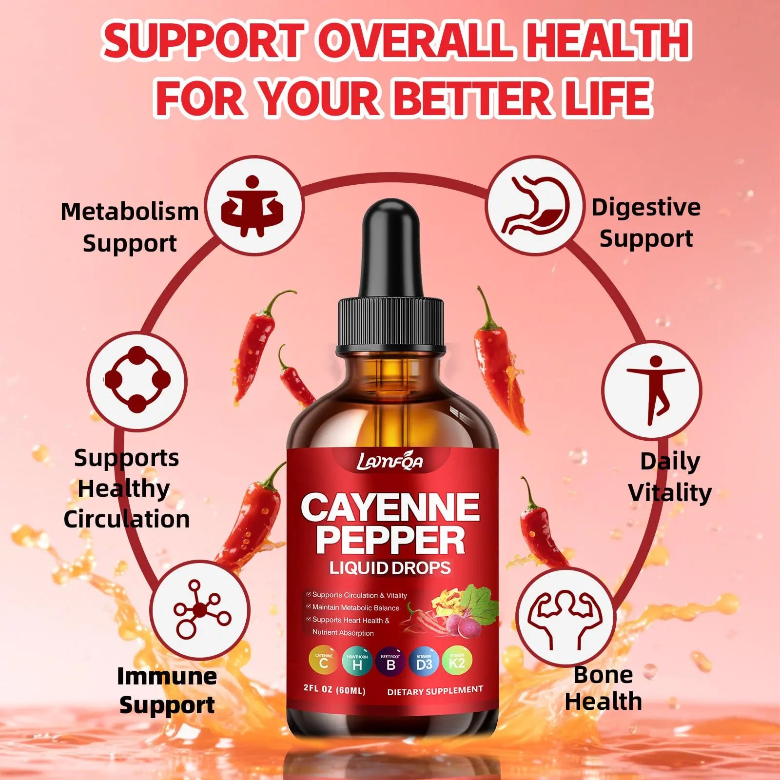 Cayenne Pepper Liquid Drops - Potent Blend with Hawthorn Berry, Turmeric Curcumin, Vitamin D3 K2, Beet Root & Panax Ginseng - Vegan, Non-GMO, High Absorbed Gentle Formula - 2 OZ LAMFQA Au supplements