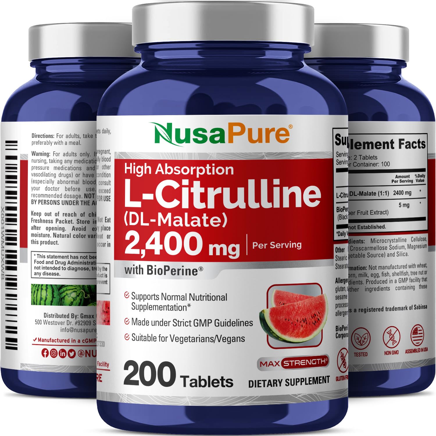 NusaPure L-Citrulline 2,400mg 200 Vegetarian Tablets (Non-GMO, Gluten Free, 100-Day Supply, Bioperine) NusaPure Au supplements