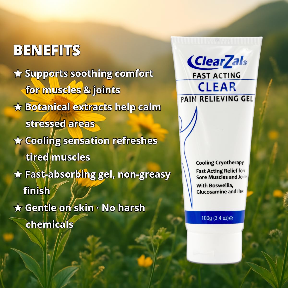 ClearZal Fast Acting Clear Pain Relieving Gel with Cooling Cryotherapy, Boswellia and Glucosamine for Sore Muscles and Joints, Soothing Cooling Gel 3.4 oz Clearzal Au supplements