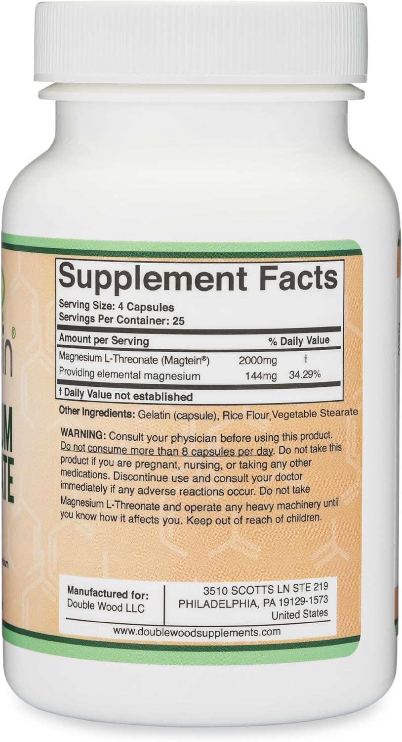 Magnesium L Threonate, Magtein, Sleep and Cognitive Support – High Absorption – Most Bioavailable Form of Magnesium – 2,000 mg – 120 Capsules Double Wood Supplements Au supplements