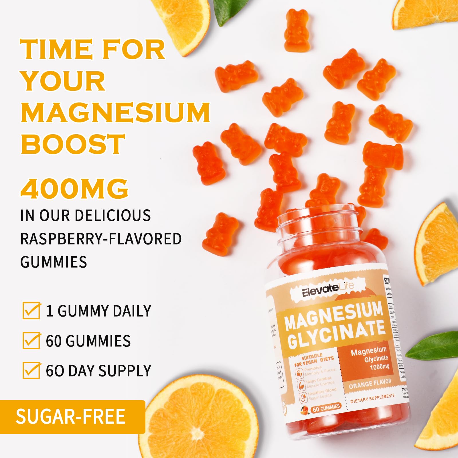 Magnesium Glycinate Gummies 1000mg - Sugar Free Magnesium Potassium Supplement with Vitamin D, B6, CoQ10 for Calm Mood & Sleep Support - 60 Orange Gummies ElevateLife Au supplements