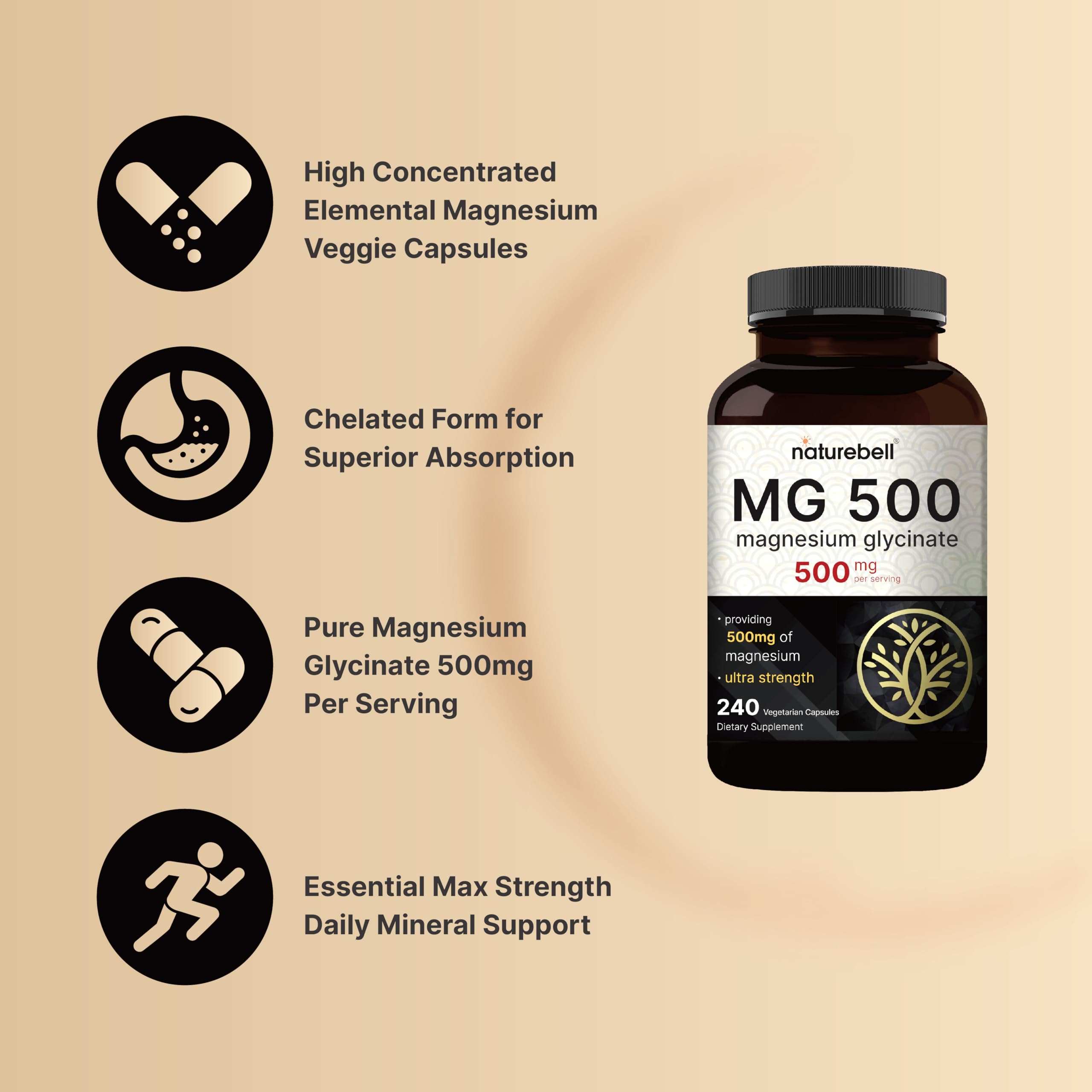 Magnesium Glycinate 500mg Per Serving | 240 Veggie Capsule, 100% Chelated NatureBell Au supplements