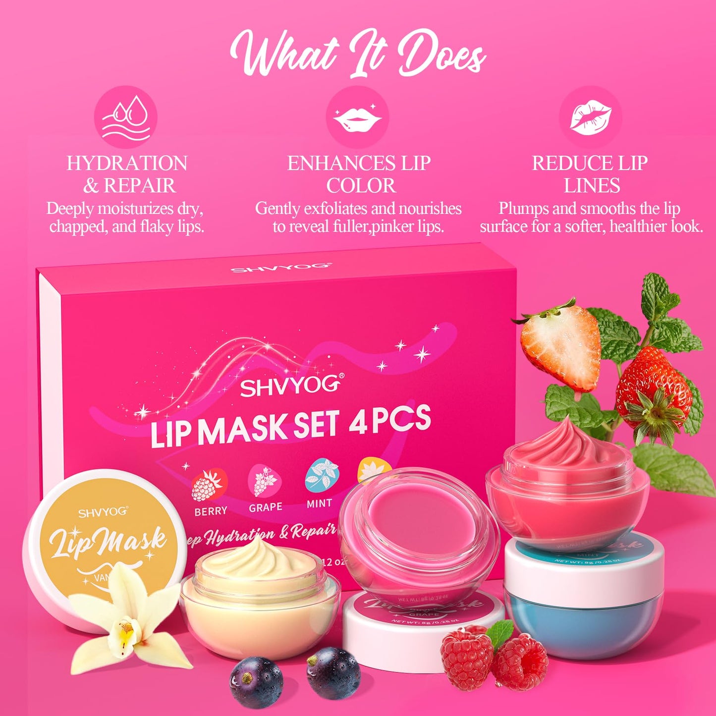 4 Pack Lip Mask Set, Hydrating Lip Mask Overnight - Berry, Grape, Mint, Vanilla Flavors, Lip Sleeping Mask Nourish Lip Balm with Vitamin C & Shea Butter | Dry Lips Care Gift SHVYOGAu supplements