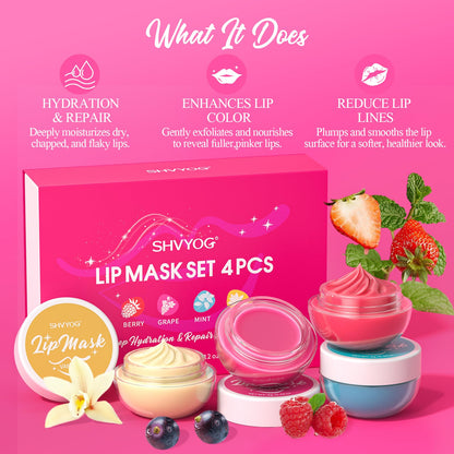 4 Pack Lip Mask Set, Hydrating Lip Mask Overnight - Berry, Grape, Mint, Vanilla Flavors, Lip Sleeping Mask Nourish Lip Balm with Vitamin C & Shea Butter | Dry Lips Care Gift SHVYOGAu supplements