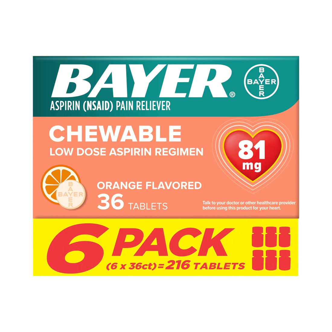 Bayer Aspirin Low Dose 81 mg Chewable Tablets, Pain Reliever, Orange Flavored, 216 Tablets (6 Pack) Bayer uk supplements