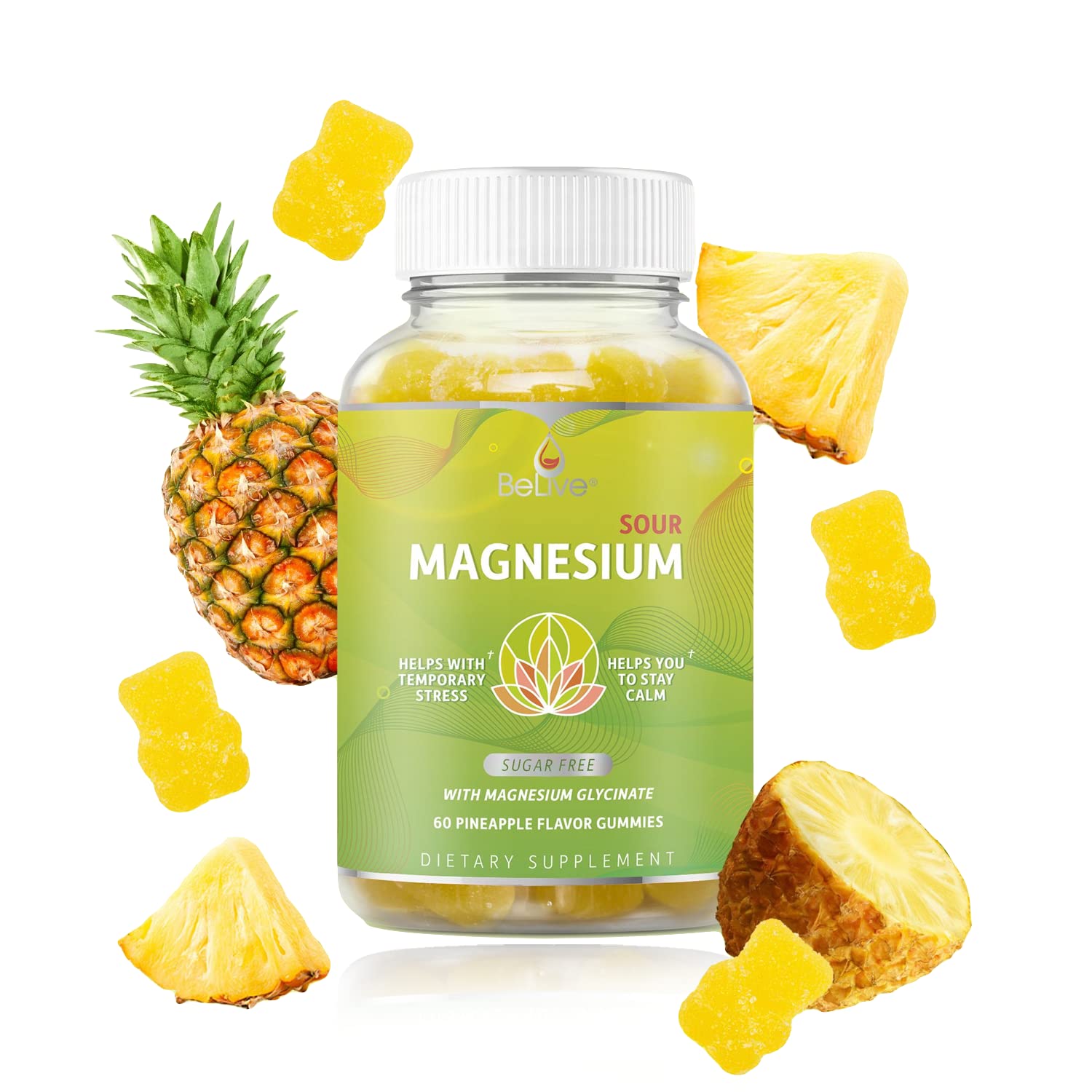 BeLive Magnesium Gummies 200mg - 60 Ct | Magnesium Glycinate Supplements for Relaxation, Stress Relief, and Sleep for Adults & Kids - Tasty and Tangy Pineapple Flavor BeLive Au supplements