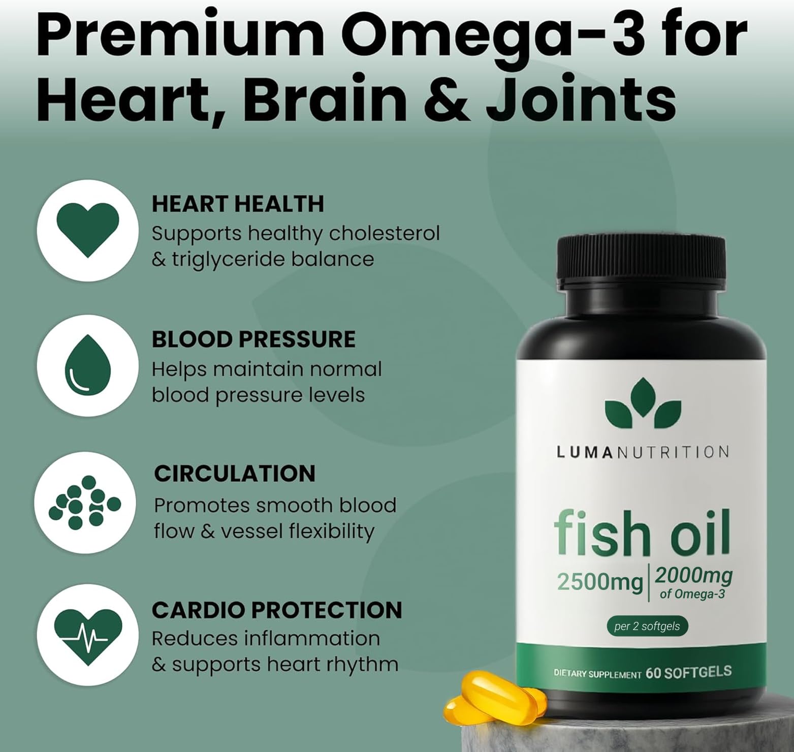 Luma Nutrition Omega 3 Fish Oil Supplement - Extra Strength 2500mg Per Serving - 2000mg EPA & DHA Per Serving - Brain and Heart Health - 60 Softgels, 30 Servings Luma Nutrition Au supplements