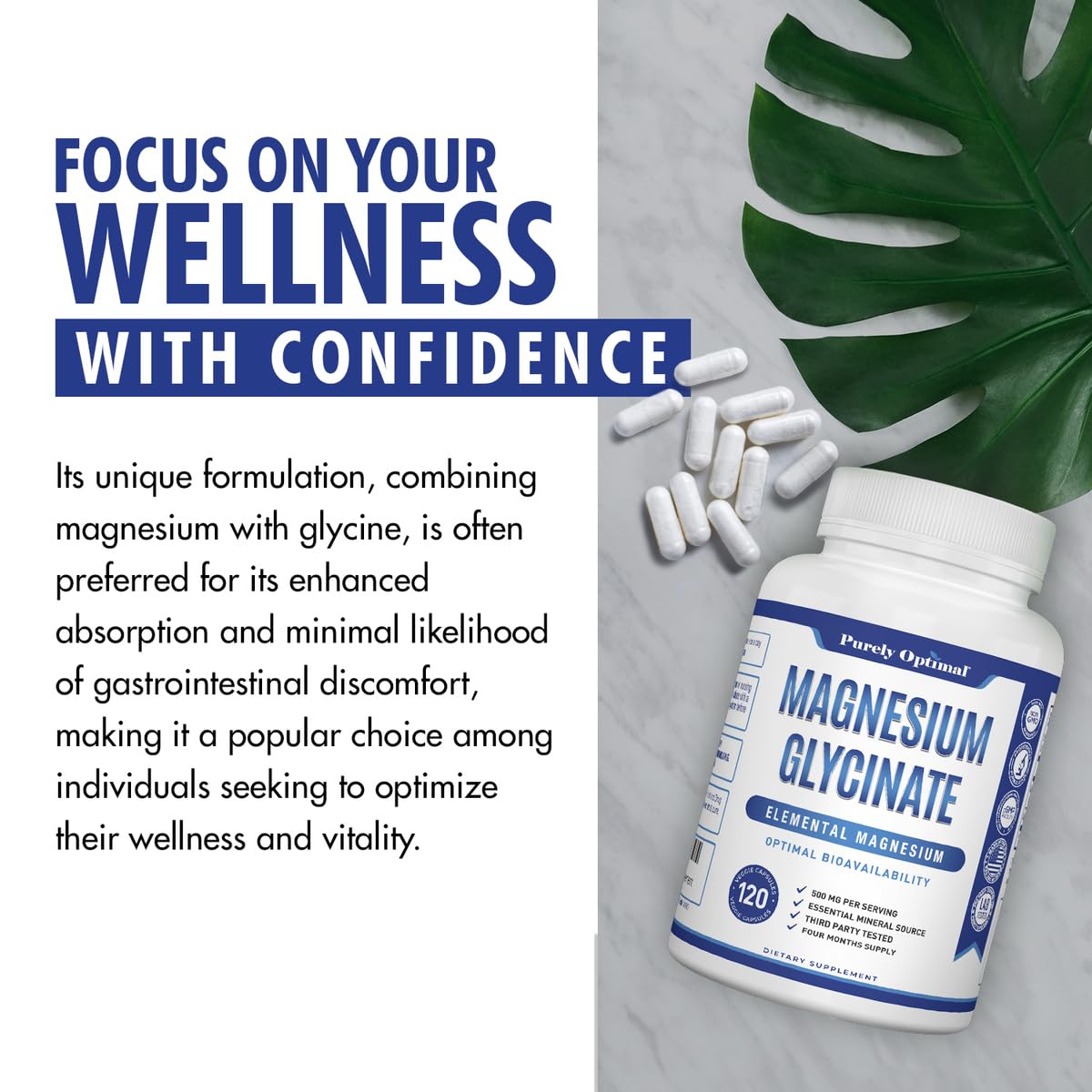 Purely Optimal Magnesium Glycinate 500mg – Sleep Support & Stress Relief – Gentle, High Absorption Magnesium Supplement for Muscle Relaxation, Calm & Nerve Support – 120 Capsules Purely Optimal Au supplements