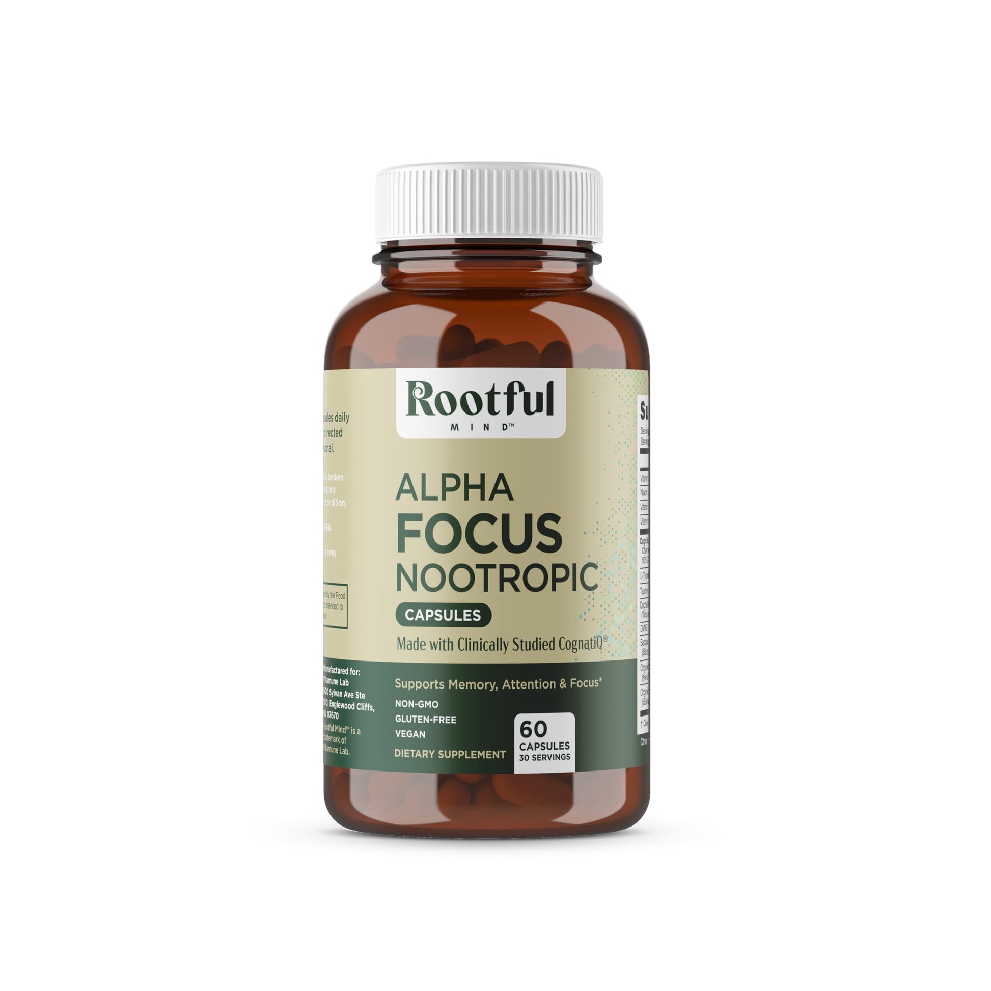 Rootful Mind Alpha Focus Nootropic - Memory and Focus Brain Booster Supplement with Choline, Citicoline, GPC, L-Tyrosine, Bacopa Monnieri, DMAE, Gingko Biloba, Lion's Mane, Niacinamide - 60 Capsules Rootful Mind Au supplements