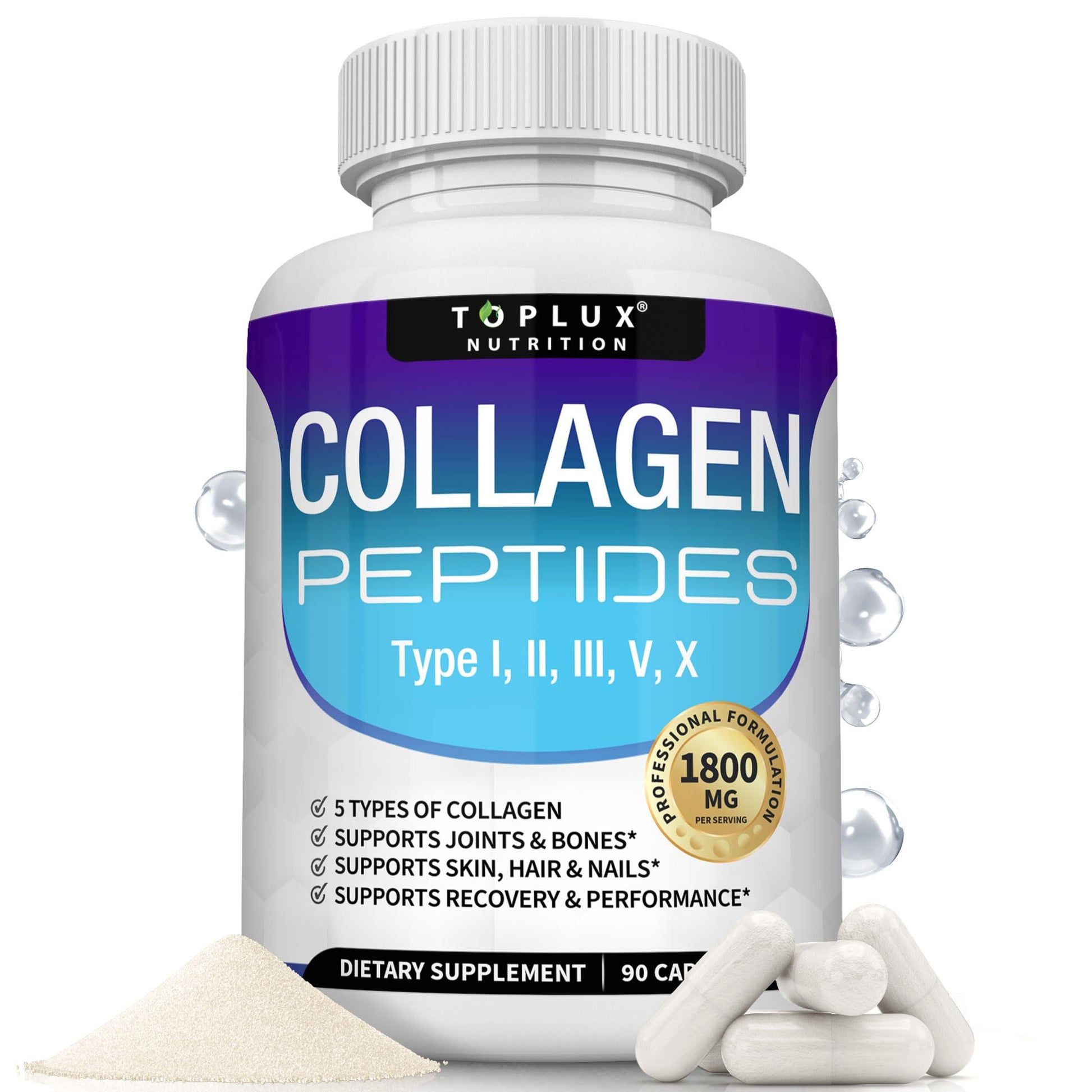 Toplux Multi Collagen Peptides Pills 1800 Mg Complex - Type I, II, III, V, X Premium Collagen Complex for Better Skin & Hair, Strong Joint, Hydrolyzed Protein, for Men Women, 90 Capsules, Supplement Toplux Au supplements