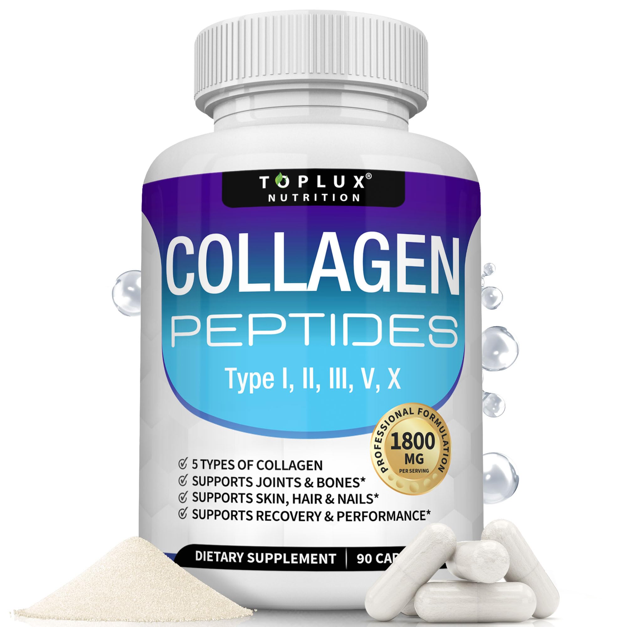 Toplux Multi Collagen Peptides Pills 1800 Mg Complex - Type I, II, III, V, X Premium Collagen Complex for Better Skin & Hair, Strong Joint, Hydrolyzed Protein, for Men Women, 90 Capsules, Supplement Toplux Au supplements