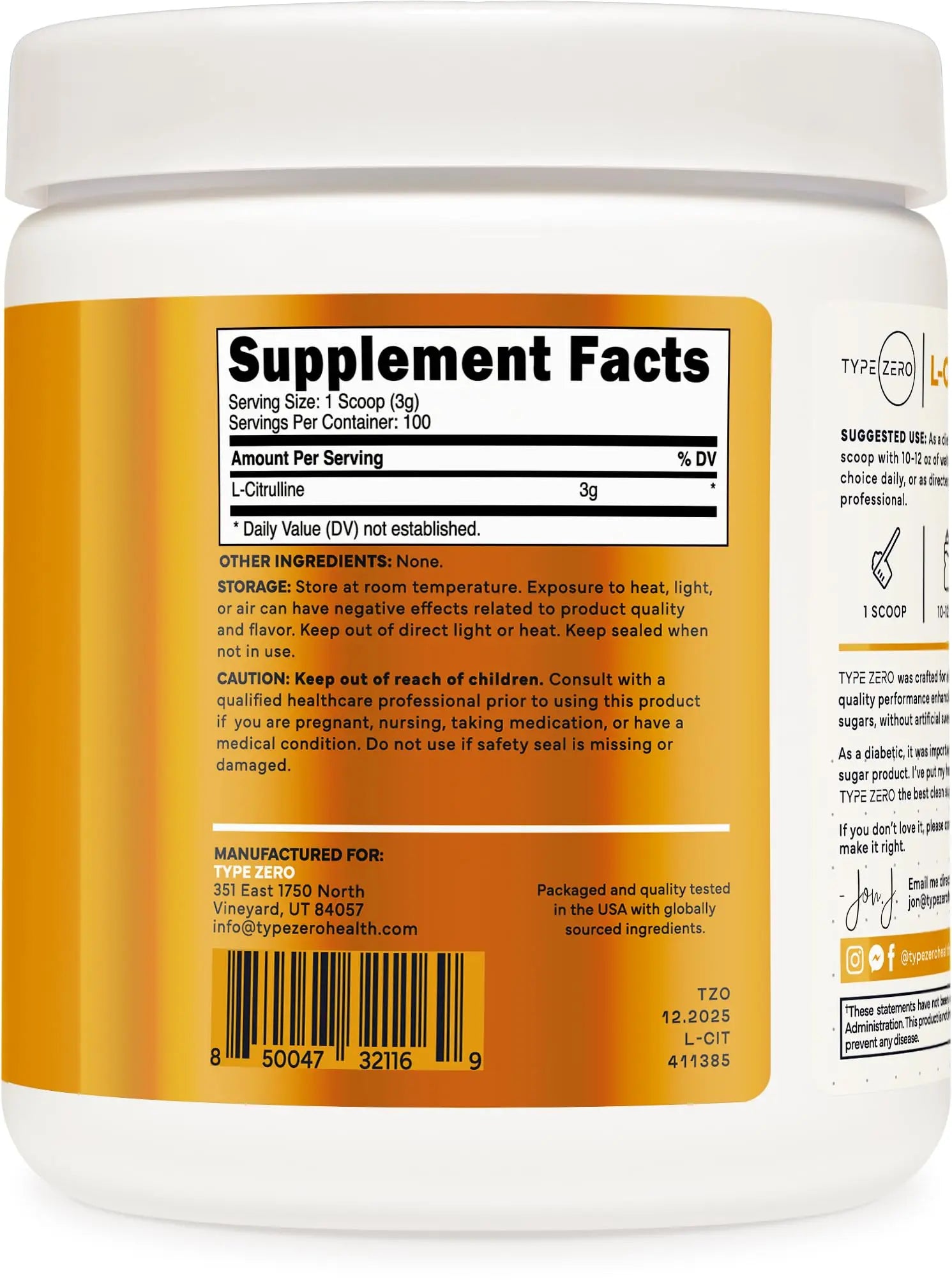 Type Zero L-Citrulline Base Powder, 3,000mg Per Serving - 100 Servings Type Zero Au supplements
