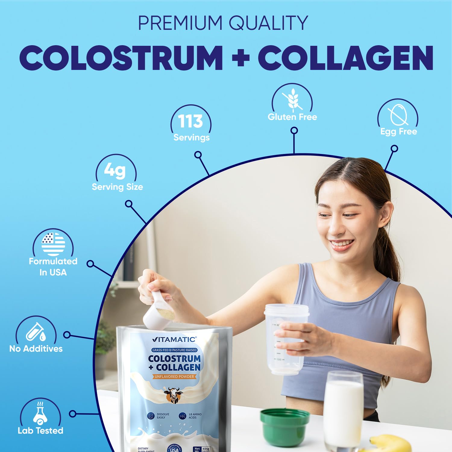 Vitamatic Bovine Colostrum + Collagen Powder - Supplement for Gut Health, Hair Growth, Beauty, Muscle Recovery, & Immune Support - Easy to Mix - Unflavored - 454 Gram, (16 oz) Vitamatic Au supplements