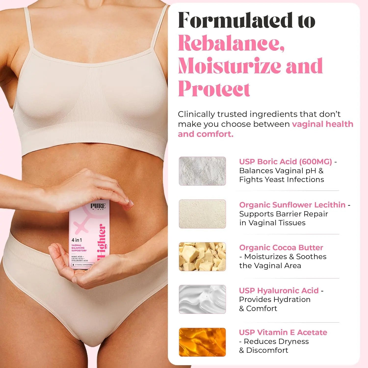 PURE WOMAN - pH-ighter Vaginal Boric Acid Suppositories for Women - Hyaluronic Acid - 4 in 1 Vaginal Suppositories for Discomfort, Dryness, Odor & pH Balance- Full Vaginal Health Care - 10ct PURE WOMAN Au supplements