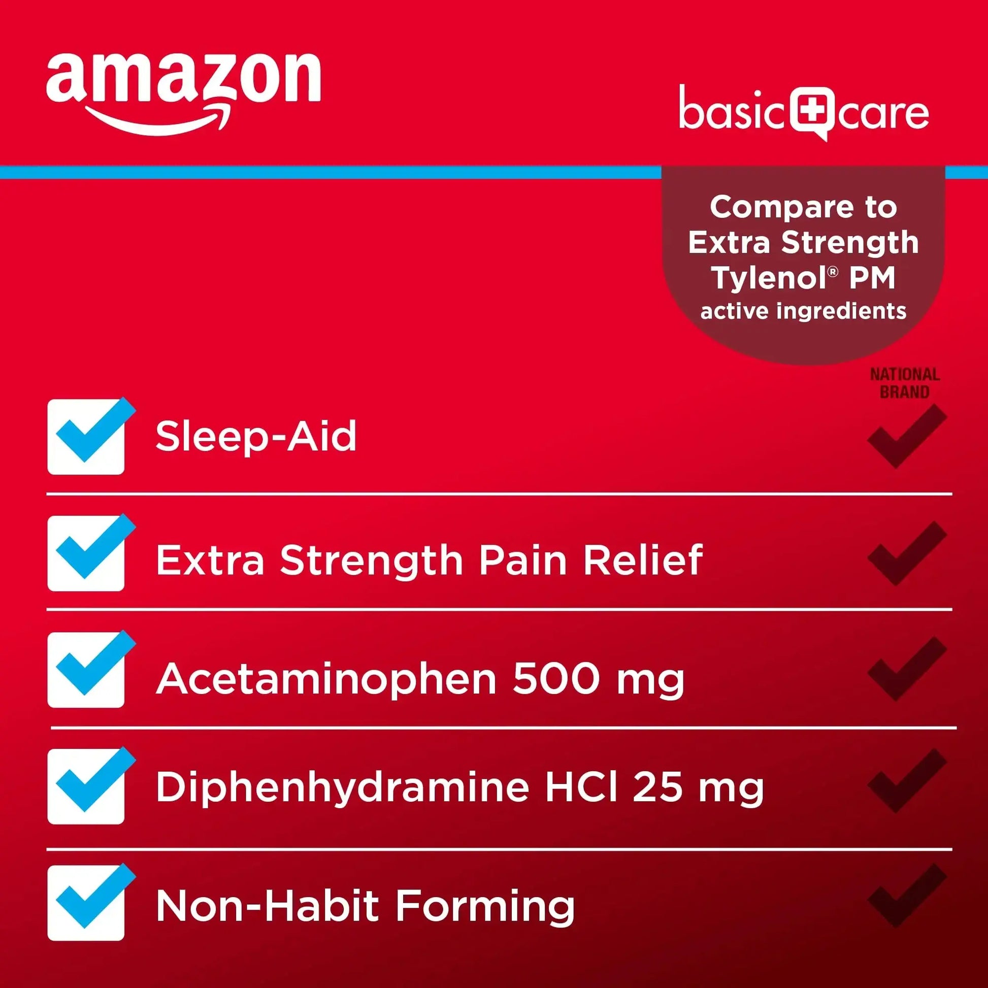 Amazon Basic Care Acetaminophen PM, Pain Reliever Plus Nighttime Sleep Aid, Blue, 100 Count Amazon Basic CareAu supplements