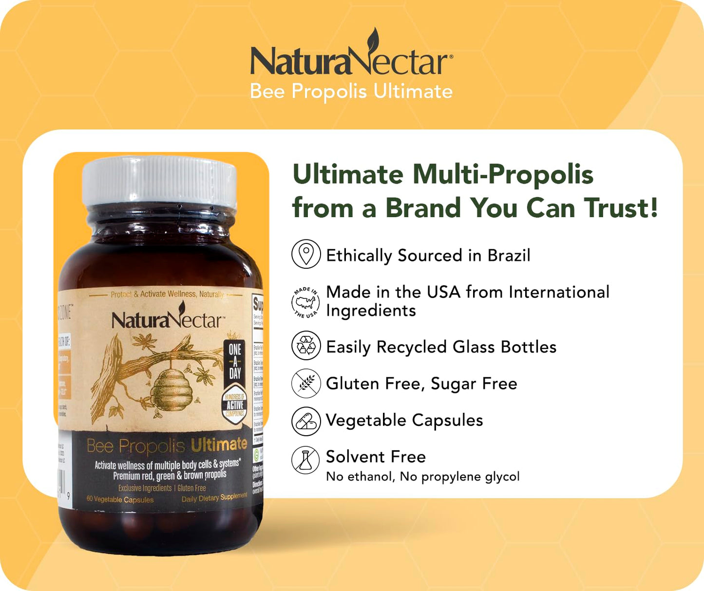 NaturaNectar - Ultimate Bee Propolis Capsules - NSF Contents Certified -Brazilian Red, Brown, & Green - Gluten-Free Supplement with Flavonoids - Naturally Sourced Through Ethical Beekeeping (60pcs.) NaturaNectarAu supplements