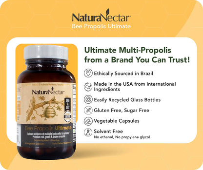 NaturaNectar - Ultimate Bee Propolis Capsules - NSF Contents Certified -Brazilian Red, Brown, & Green - Gluten-Free Supplement with Flavonoids - Naturally Sourced Through Ethical Beekeeping (60pcs.) NaturaNectarAu supplements