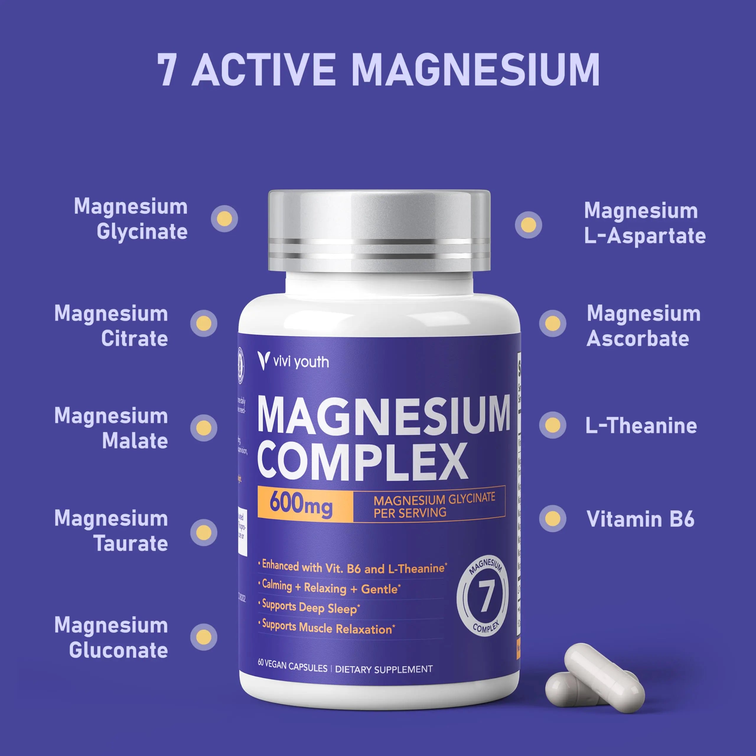 Magnesium 7 Complex for Women 1600mg, Magnesium Glycinate 600mg 7 High Absorption Magnesium Supplement with Citrate, Malate, Chelate, Taurate, Gluconate, Aspartate & Ascorbate for Sleep, 60 Capsules VIVI Youth Au supplements