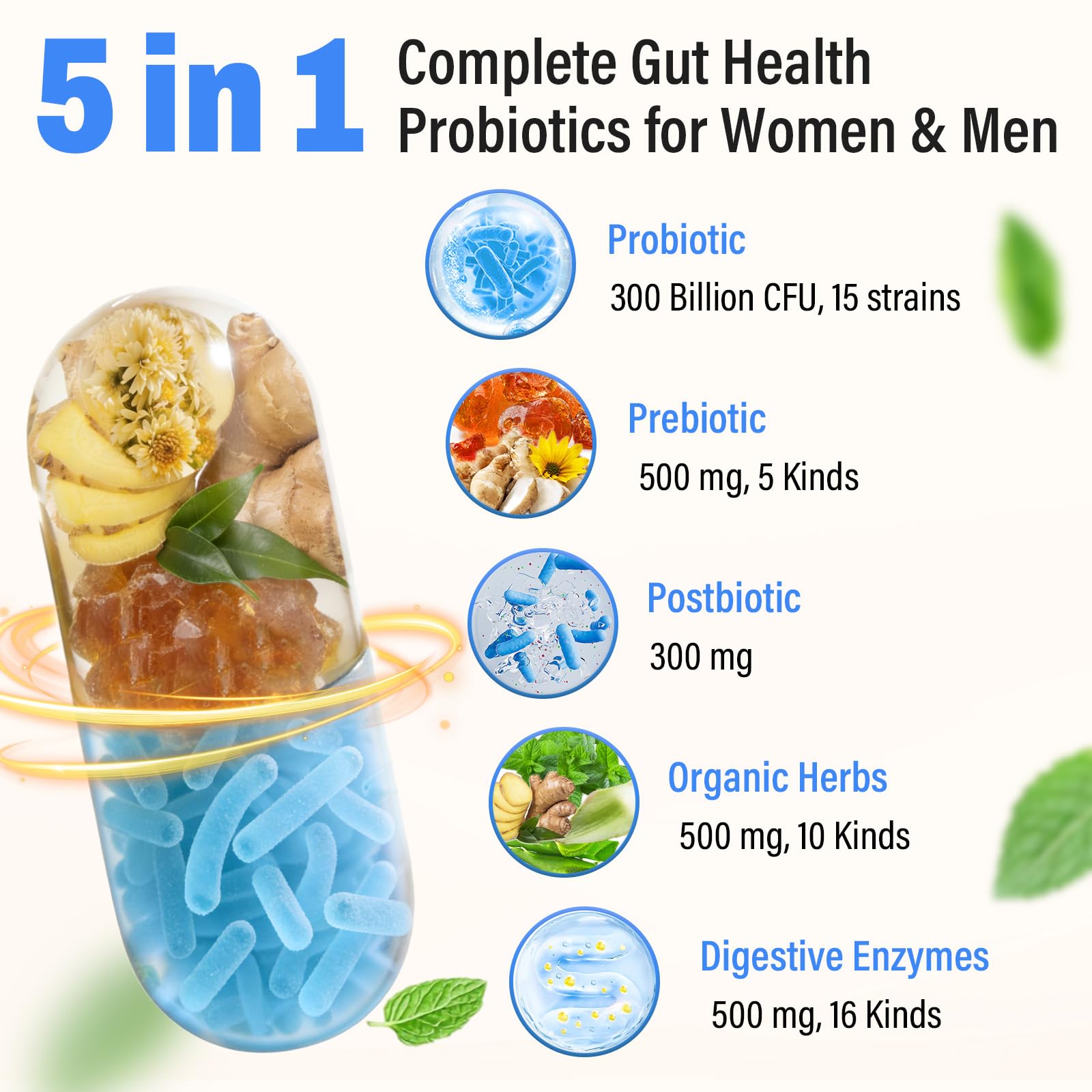 (180 Capsules) Probiotics for Women & Men, 5-in-1 Probiotic, Prebiotic, Postbiotic, Organic Herbs & 16 Digestive Enzymes Blend, 300 Billion CFU, Complete Gut Health, Digestive Health & Immune* NisavainUS supplements