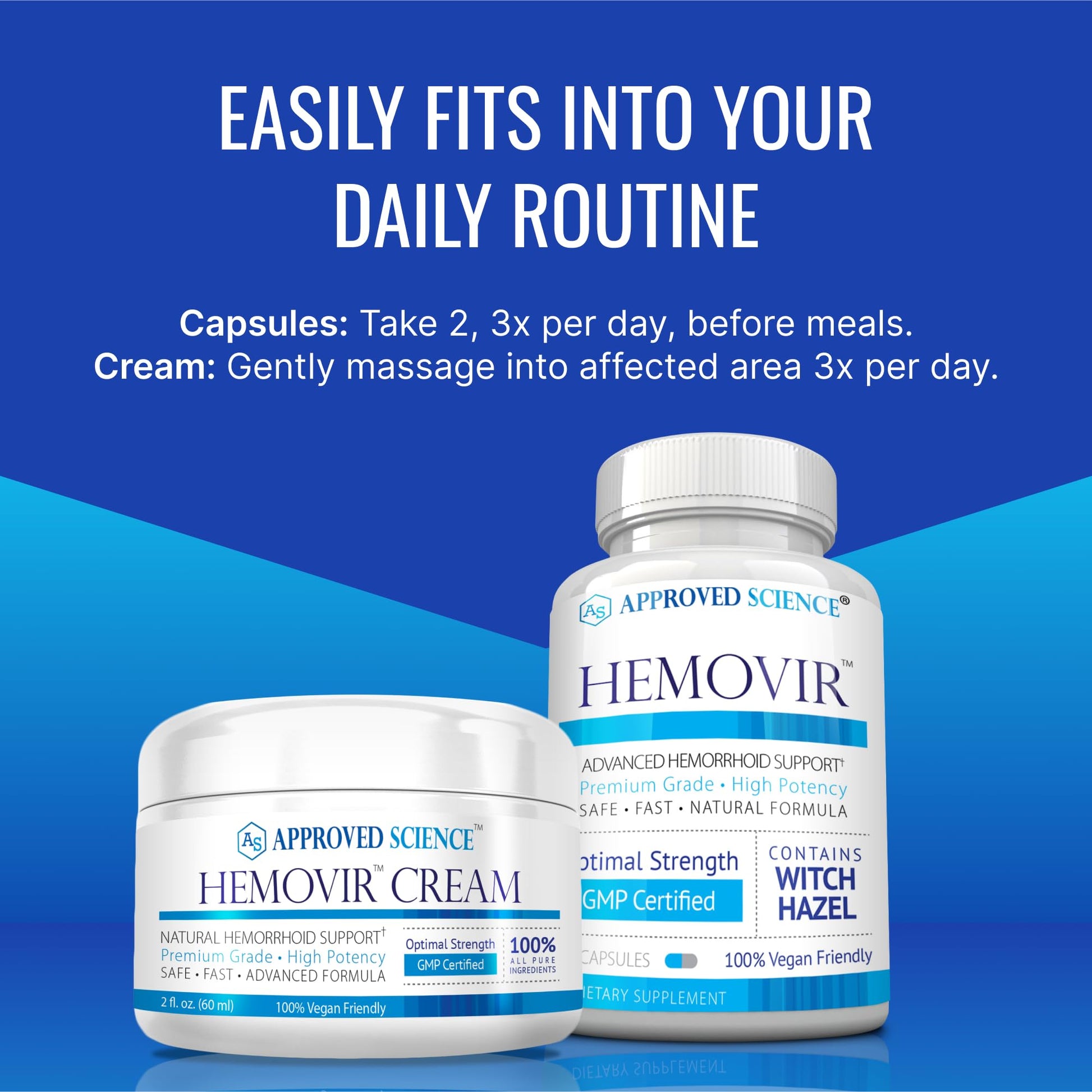 Approved Science Hemovir - Hemorrhoid Capsules and Cream - Dual-Action Stops Itching and Optimizes Blood Flow - Internal and External Care - 45 Capsules + 2 Fl Oz - Vegan - Non GMO - Made in The USA Approved Science Au supplements