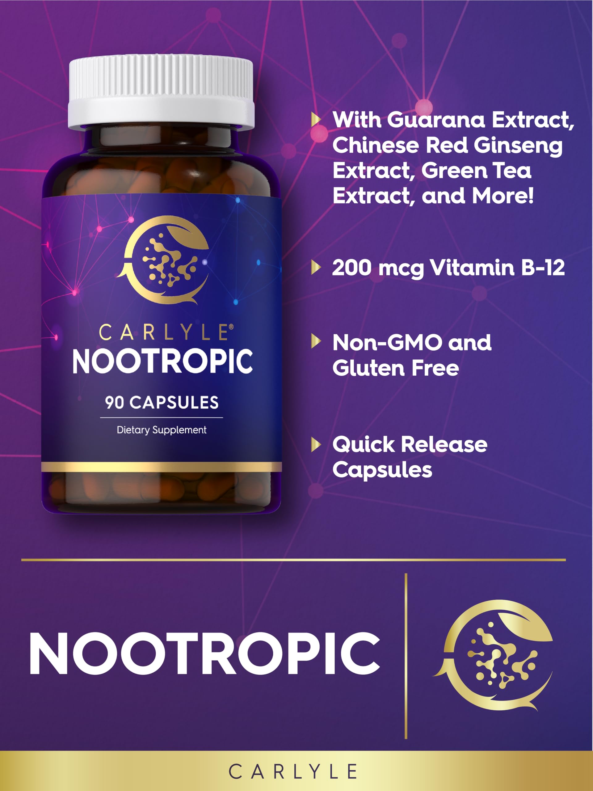 Carlyle Brain Nootropic Supplement | 90 Capsules | with Caffeine, B12, and Guarana Extract | Non-GMO & Gluten Free Carlyle Au supplements