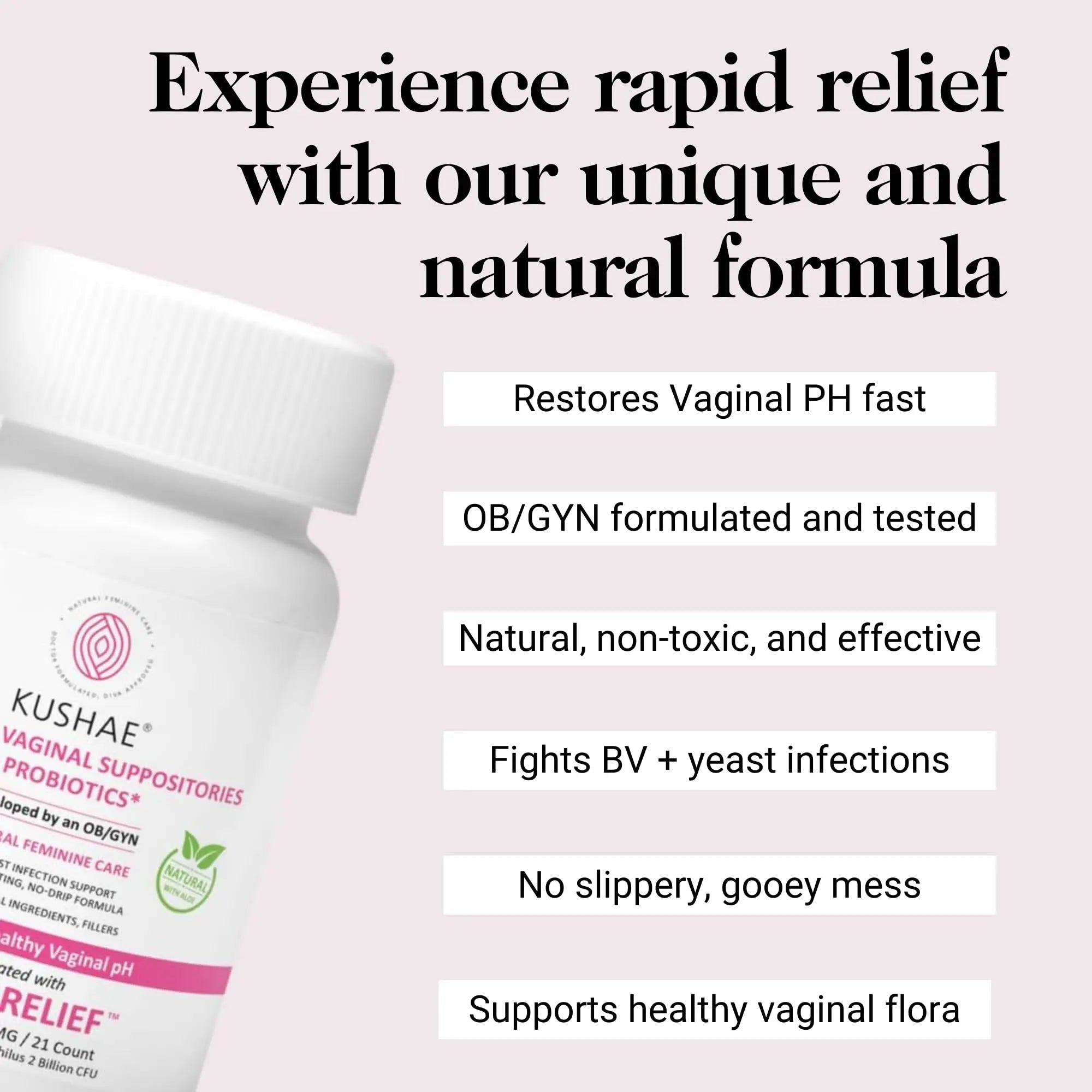Kushae Boric Acid Suppositories + Rapid Relief, All Natural Female Suppositories with Probiotics & Aloe Vera, Relieves Discomfort & Balances pH Level Bottle Only 21 Capsules Kushae Au supplements