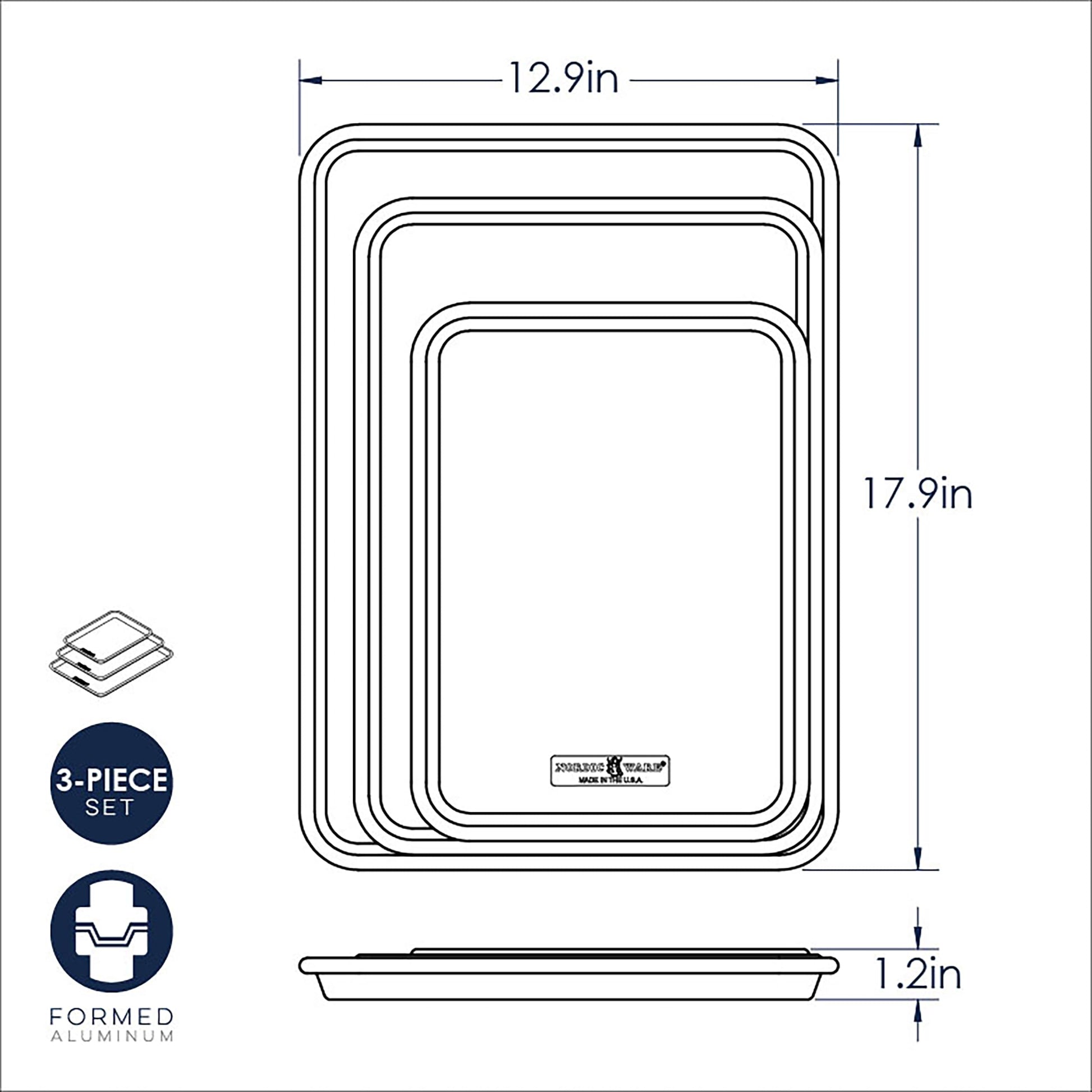 Nordic Ware Naturals 3 Piece Set - USA Made Aluminum Commercial Quality Sheet Pan for Baking or Roasting, Encapsulated Galvanized Steel Rim Prevents Warping; Half Sheet, Jelly Roll and Quarter Sheet Nordic Ware Au supplements