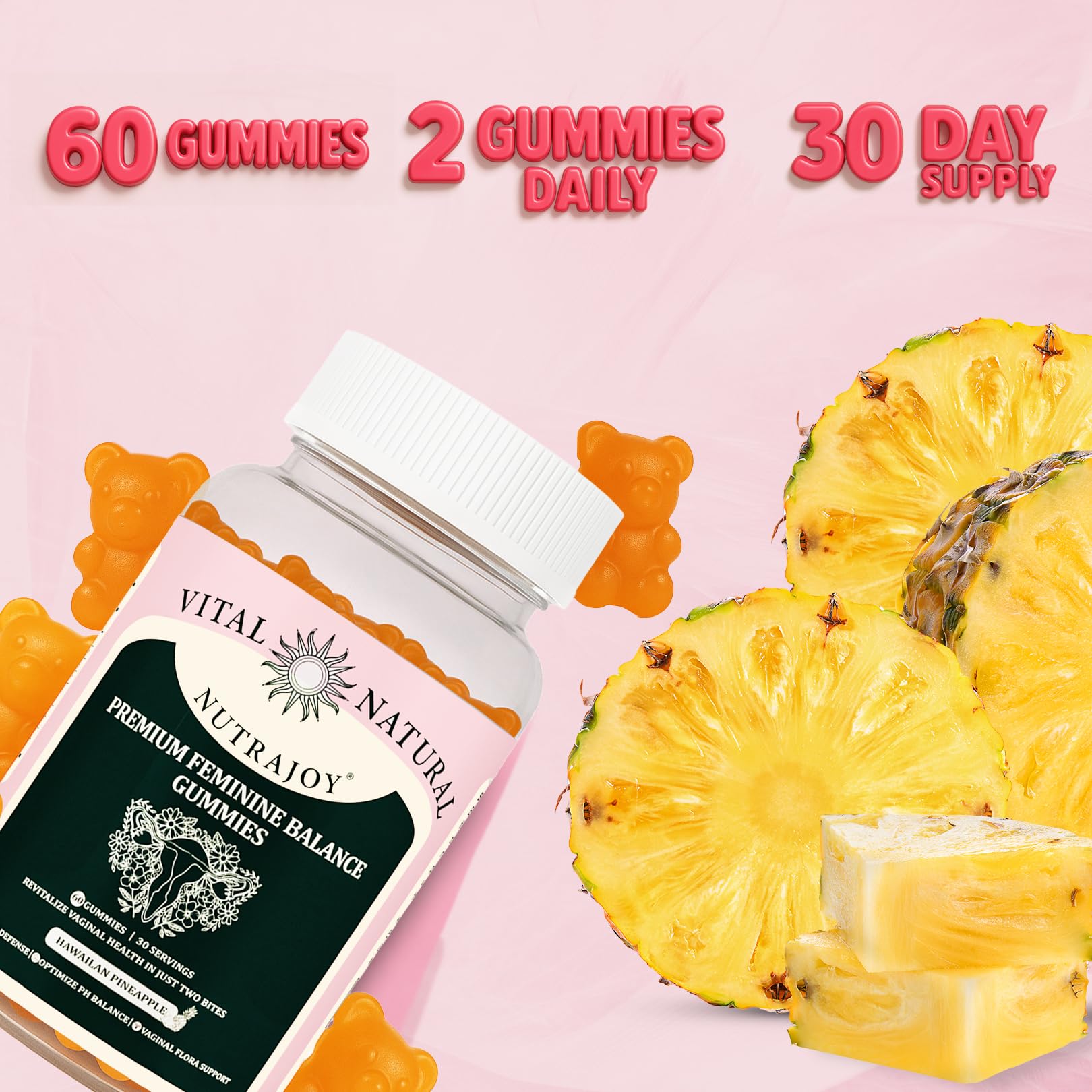 NUTRAJOY Premium Feminine Balance Gummies, for Women's Ph Health, Vaginal Wellness Support, Immune Support, Energy Support, Hawaiian Pineapple, Vegan Gluten-Free, 60 Gummies NUTRAJOY Au supplements