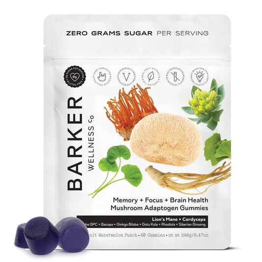 Barker Wellness Mushroom Adaptogen Gummies for Memory & Focus, Brain Health Supplement with Lion's Mane, Cordyceps, Cognizin, Vegan, Sugar-Free Passion Fruit Watermelon Flavor- 60 Count Barker Wellness CoUS supplements