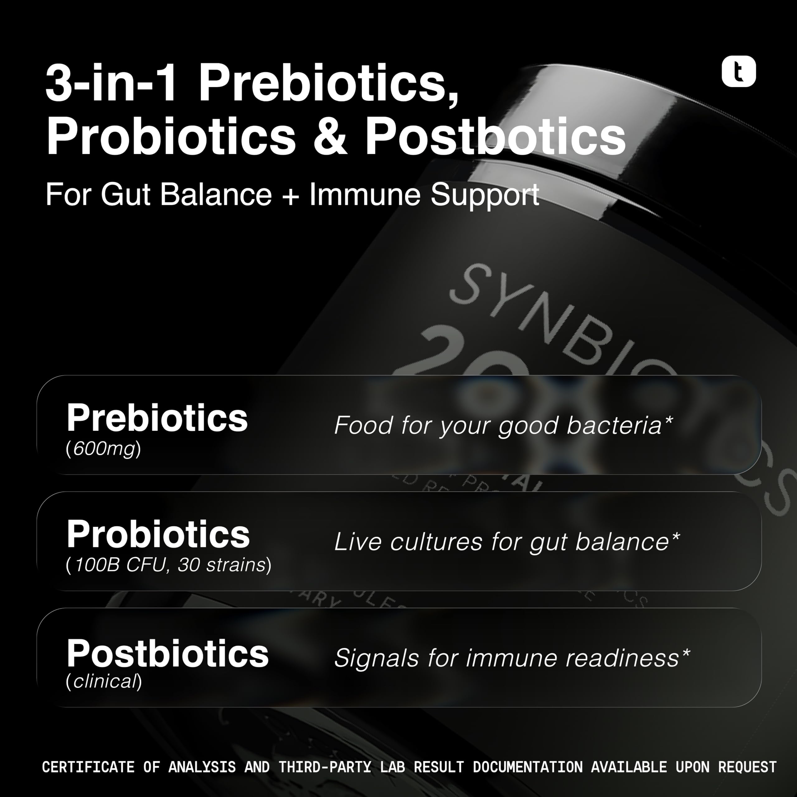 Toniiq Prebiotics and Probiotics – 200B TFU with Postbiotics IMMUSE® & ButyraGen® – 30 Strains – Shelf-Stable Synbiotic Formula – Third-Party Tested – 60 Capsules Toniiq Au supplements