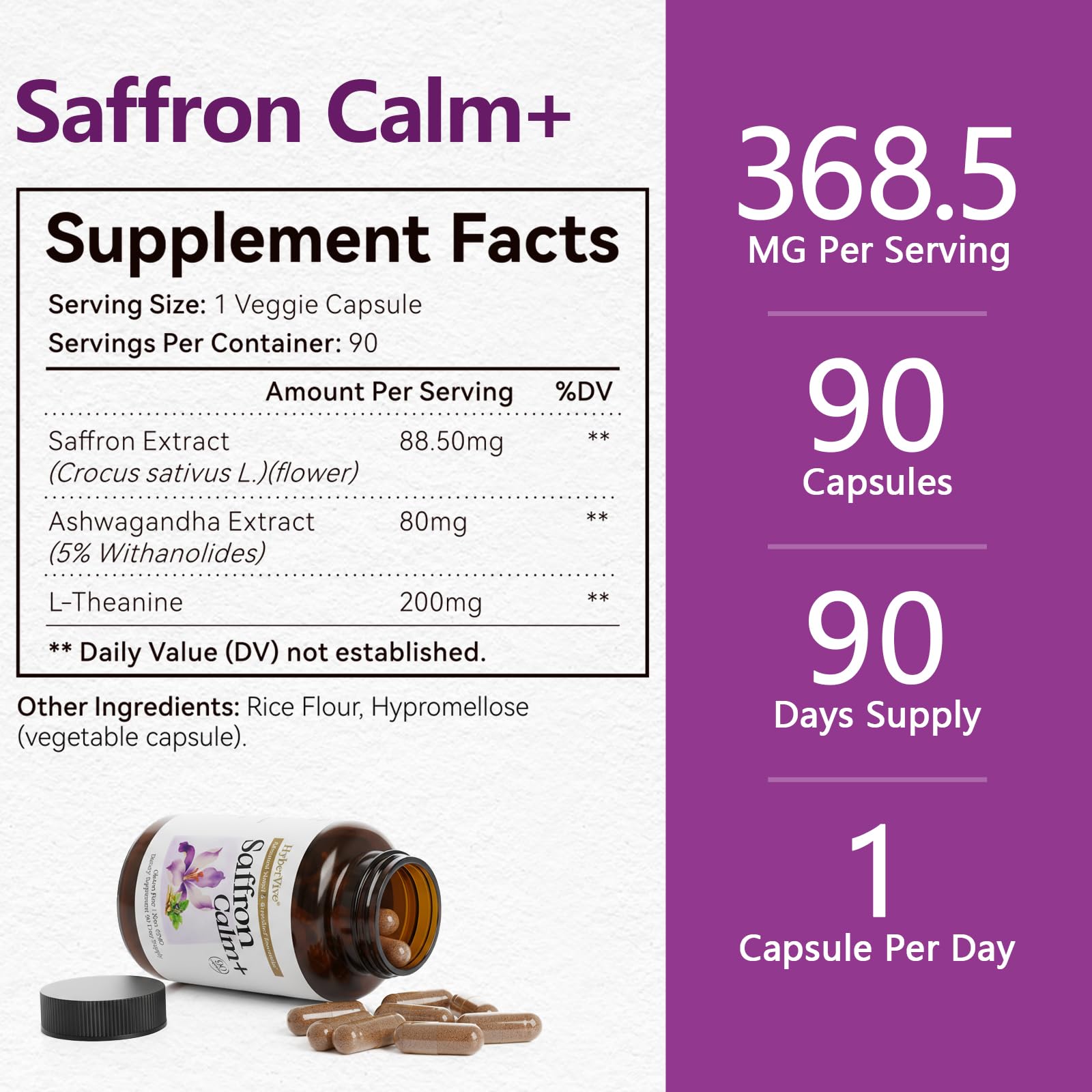 HyberVive Saffron Supplements with Ashwagandha & L-Theanine - 368.5MG - Mood Balance, Stress Relief & Mental Clarity – Cortisol Support for Women & Men, Made in USA, 90 Vegan Capsules HyberVive Au supplements