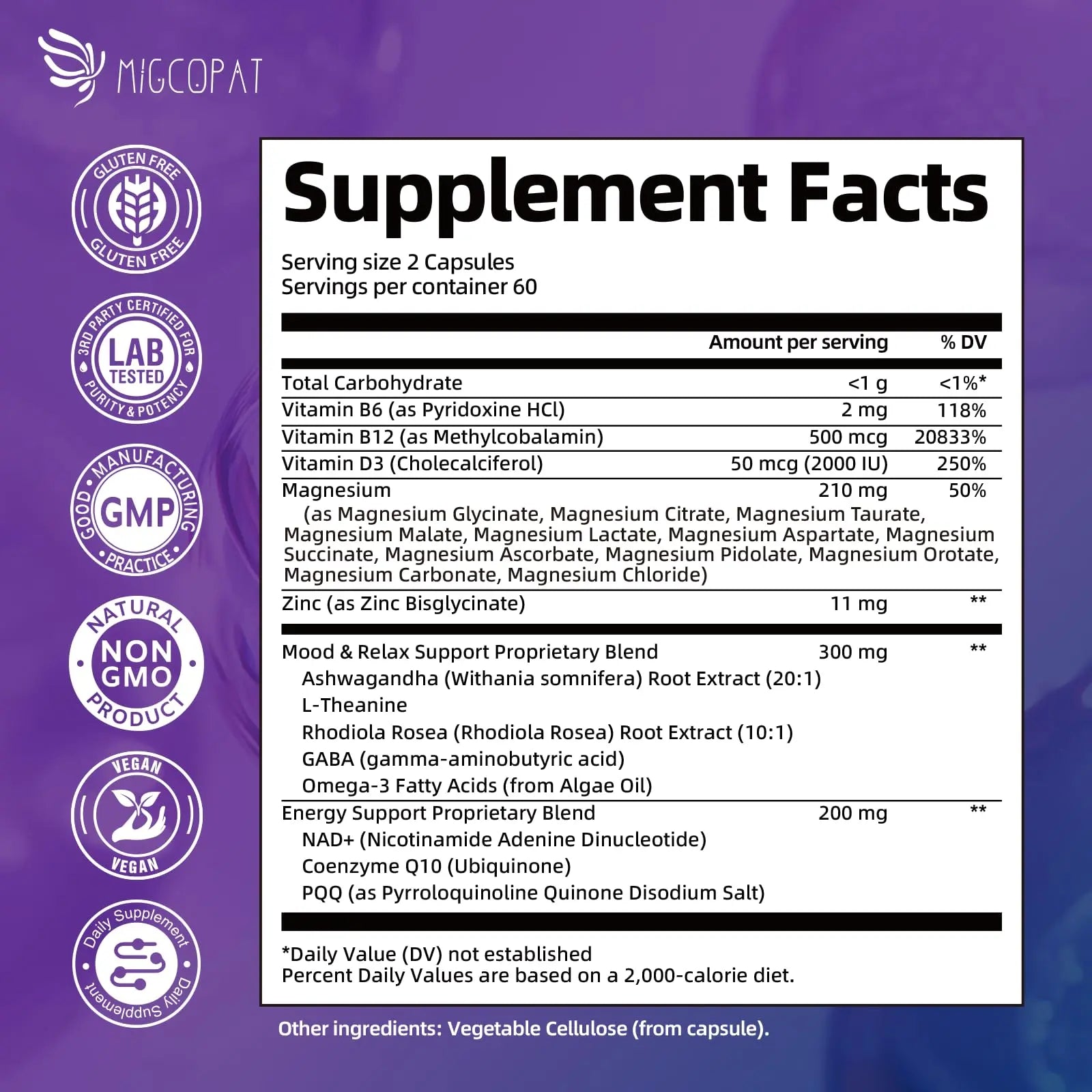 Migcopat Magnesium Complex w/Magnesium Glycinate, Malate, Citrate | 24-in-1 Magnesium Supplement w/Ashwagandha, L-Theanine & NAD+ | Supports Calm, Energy, Muscle & Sleep | Non-GMO, 120 Vegan Caps Migcopat Au supplements