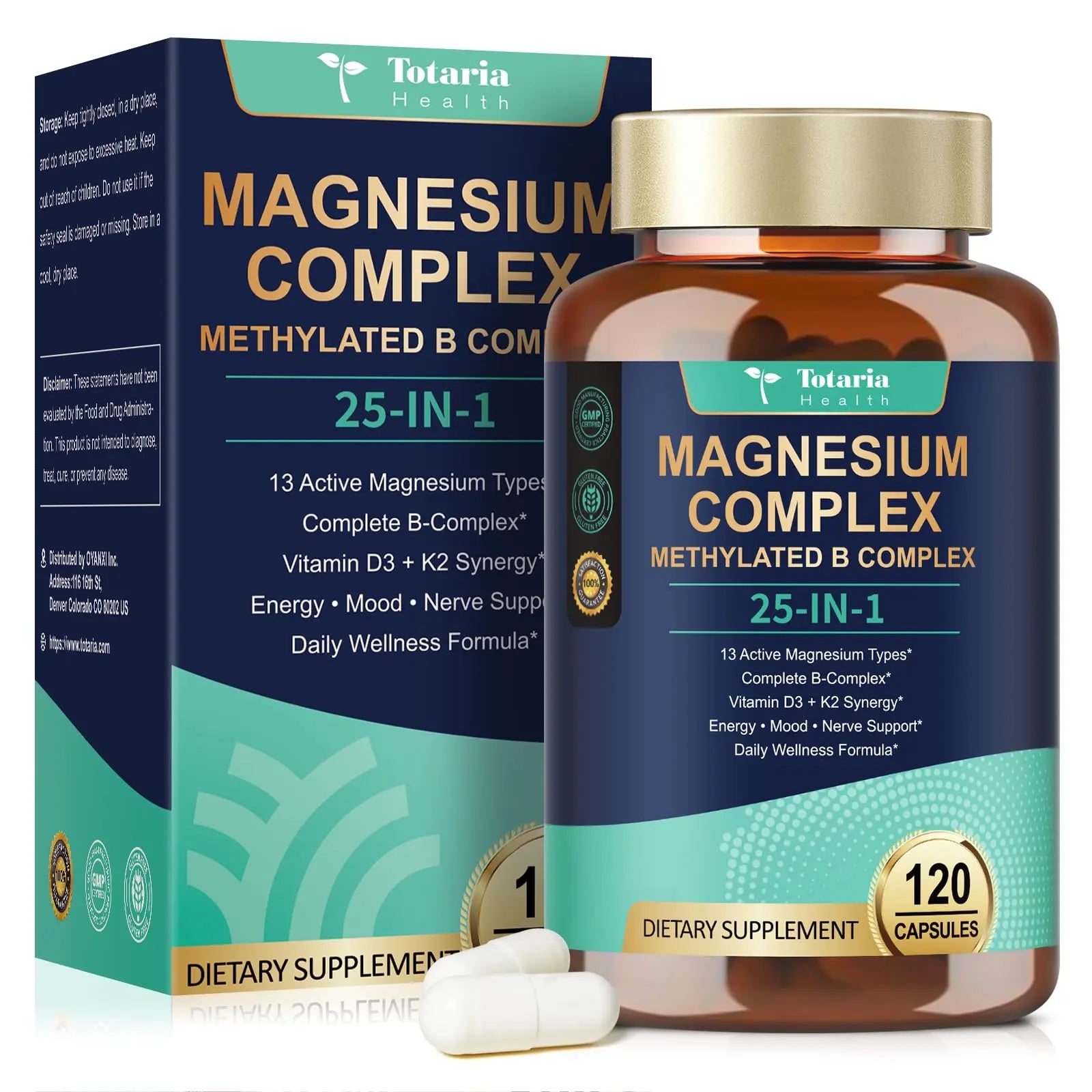 25-in-1 Magnesium Complex with Methylated B Complex Magnesium Glycinate Citrate Malate Taurate Gluconate Aspartate Carbonate D3 K2, Magnesium Supplement for Relaxation Energy & Nerve, 120 Vegan Caps Totaria Au supplements