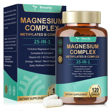 25-in-1 Magnesium Complex with Methylated B Complex Magnesium Glycinate Citrate Malate Taurate Gluconate Aspartate Carbonate D3 K2, Magnesium Supplement for Relaxation Energy & Nerve, 120 Vegan Caps Totaria Au supplements