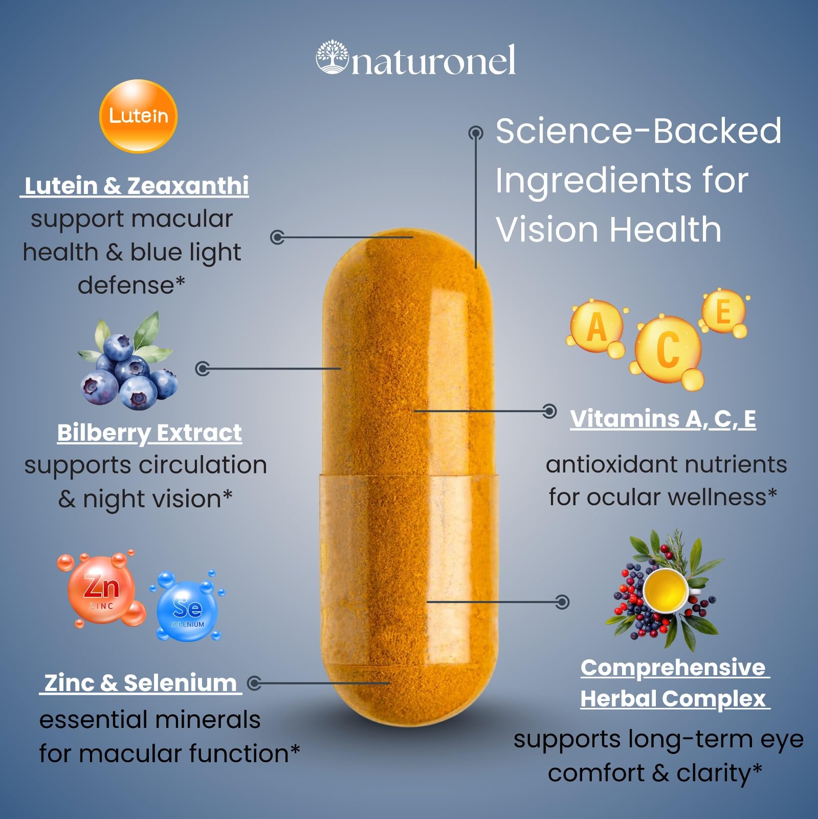 Naturonel Macular Support Formula – Vision & Eye Health with Lutein, Zeaxanthin, Bilberry, Eyebright & Antioxidants | Non-GMO, Made in USA, GMP Certified – 60 Capsules, 30 Day Supply (1) Naturonel Au supplements