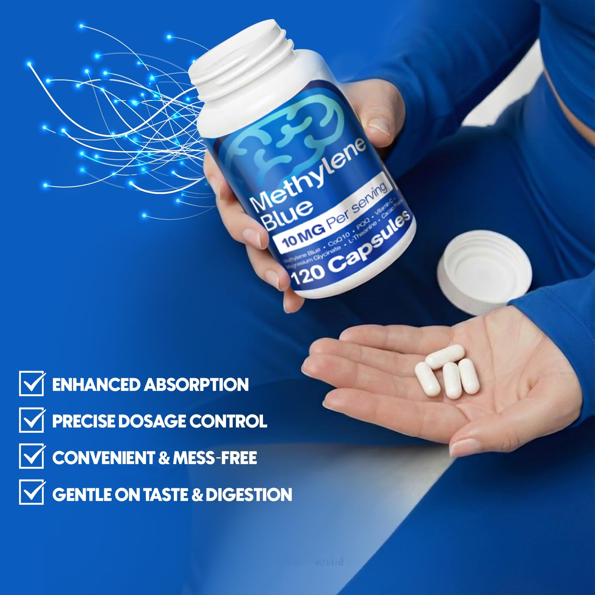 FitVitality Methylene Blue Capsules – Formulate CoQ10, PQQ, Vitamin C, L-Theanine, Cacao – 120 Vegan Capsules per Bottle – No Flavor, Easy Daily Use FitVitality Au supplements