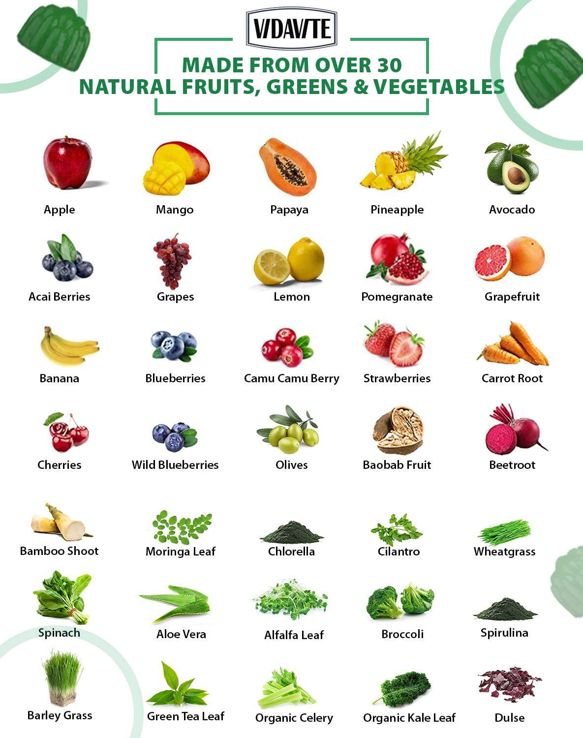 VIDAVITE Sugar-free Super Greens Gummies — US-Made, 35+ Fruit and Veggie gummies to Boost Immunity, Skin & Gut Health — Ideal Fruits and Vegetables Supplement for Adults & Picky Teens (30-Days Supply) VIDAVITE Au supplements