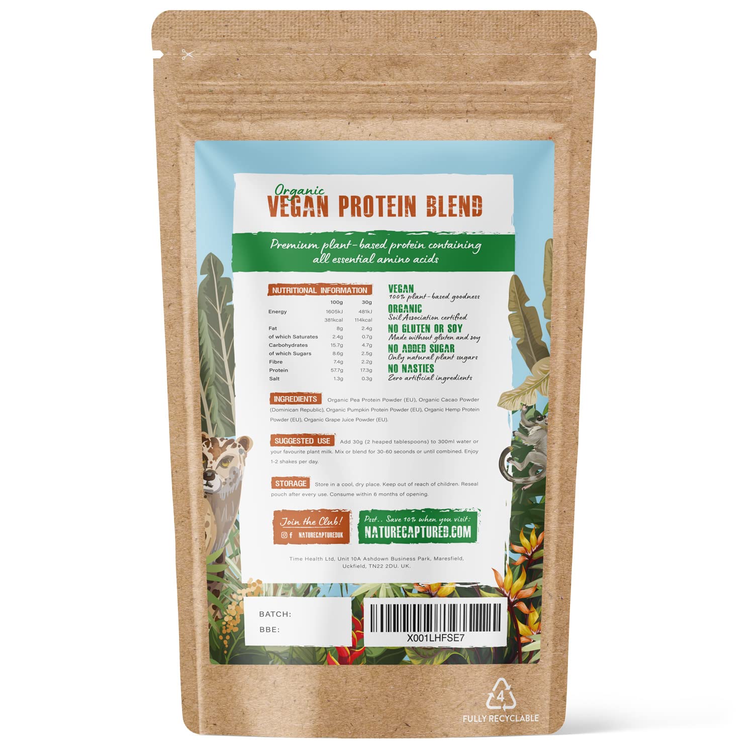Organic & Raw Vegan Protein Blend (600g) - Chocolate Flavour - Pea, Pumpkin & Hemp Nature Captured Au supplements