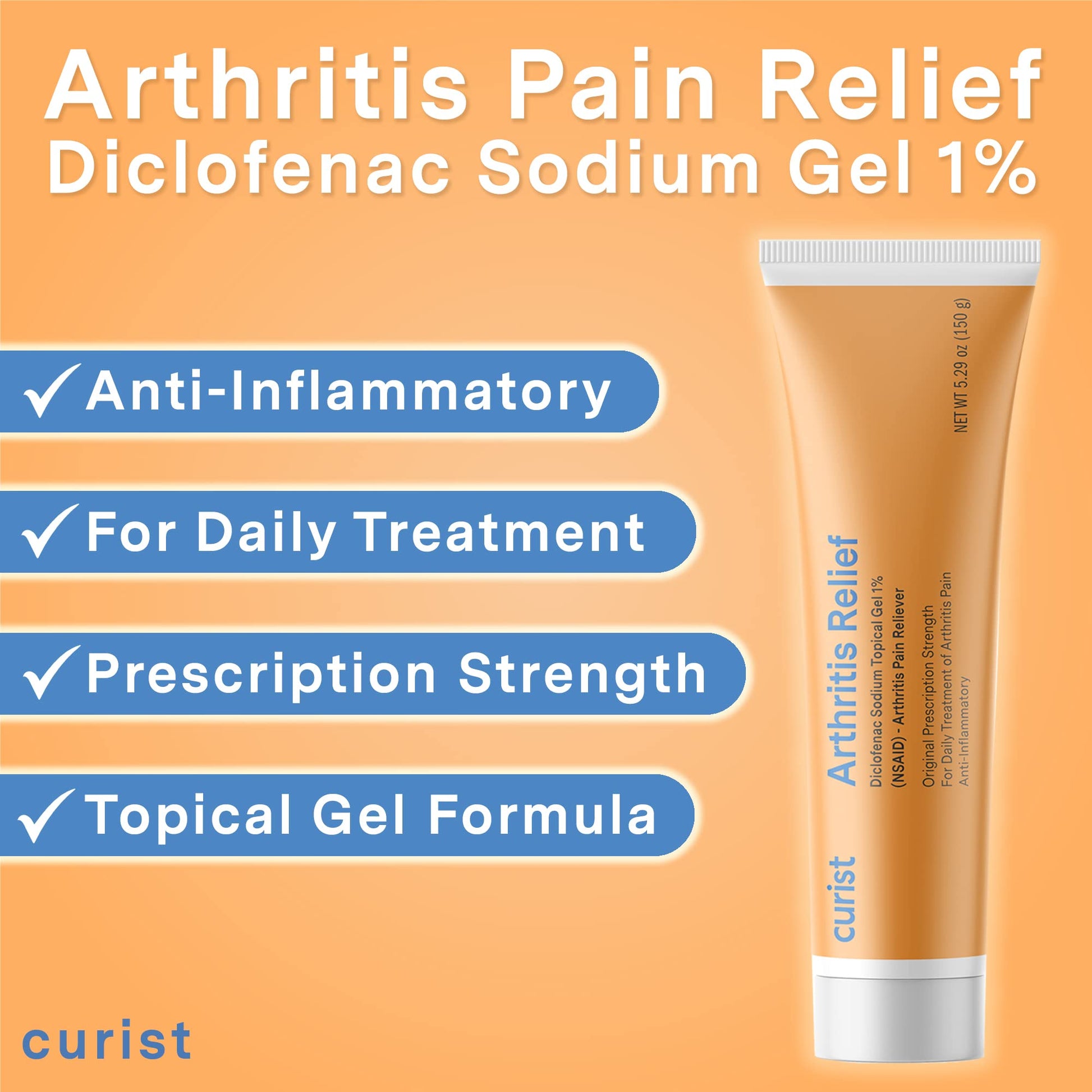 Curist Diclofenac Sodium Topical Gel 1 Percent 150g for Arthritis Pain - Joint Pain Relief for Hand/Foot Pain, Knee/Elbow Pain & Ankle Pain - 1% - 5.29oz Curist Au supplements
