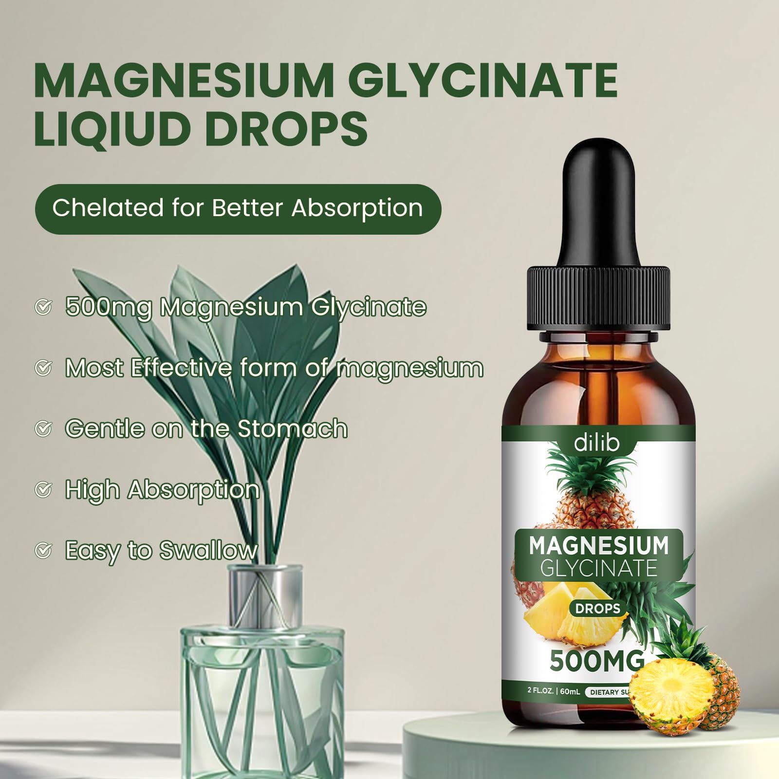 Magnesium Glycinate Supplement, Liquid Magnesium Glycinate Liquid Drops 500mg-Support Stress Relief, Relaxation, Mood, Sleep, Bone & Muscle-2 Fl Oz, Vegan, Pineapple Flavor dilib Au supplements