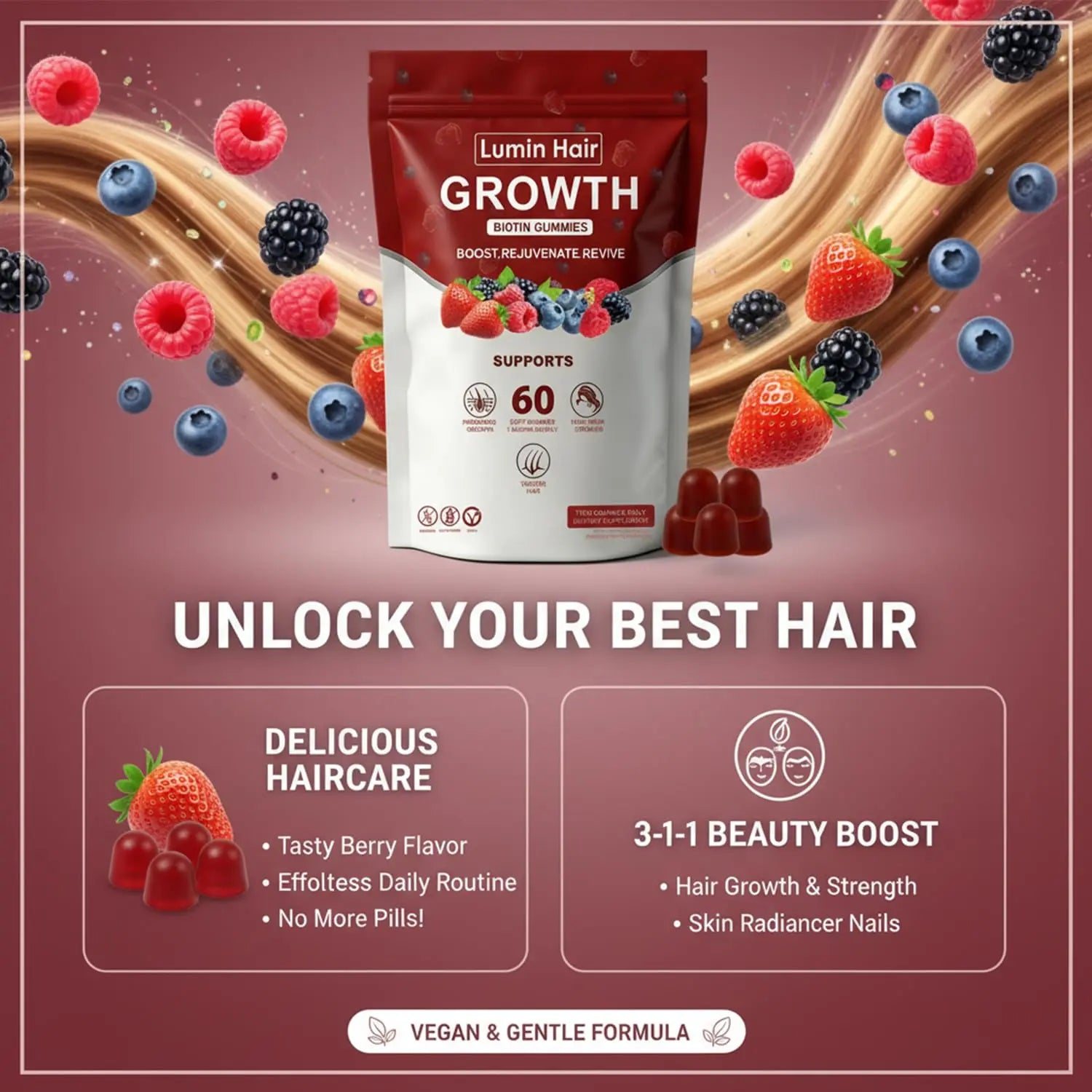 Lumin Hair Growth Gummies for Black Women, 60 Vegan Gummies, Daily Hair Nourishment with Biotin, Collagen & Botanical Extracts, Supports Healthy Hair Growth & Strength Lumin Hair Au supplements